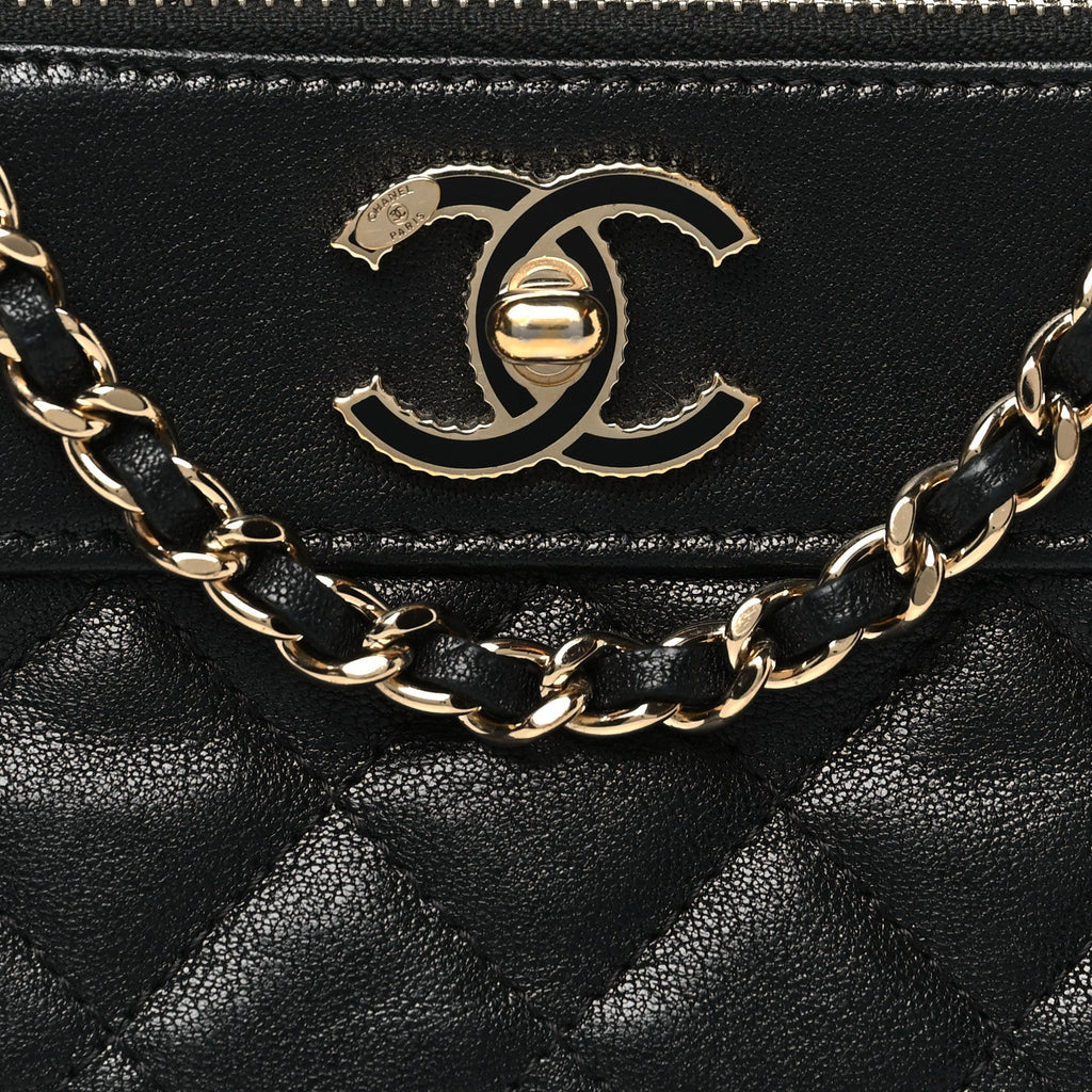Metallic Sheepskin Chevron Quilted Small Vintage Mademoiselle Clutch With Chain Black