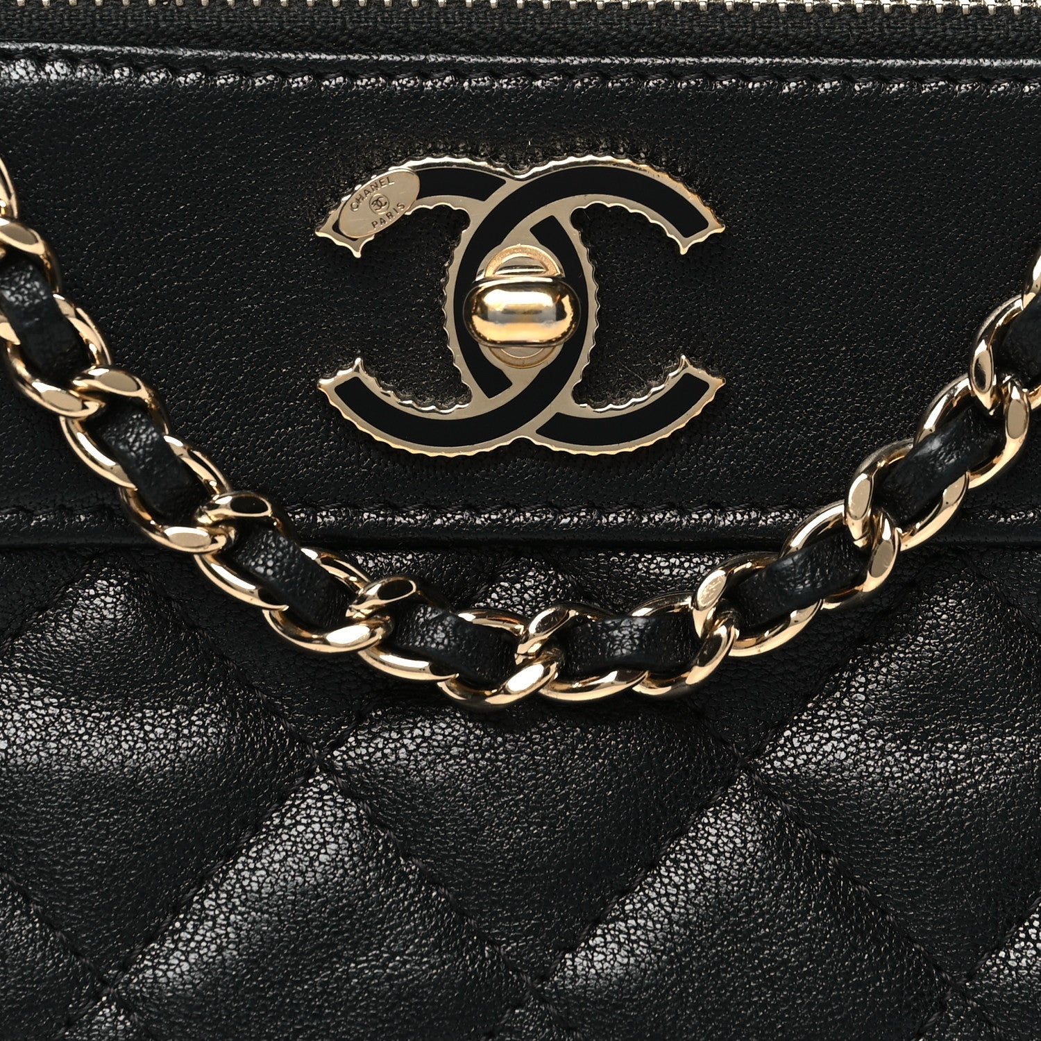 Metallic Sheepskin Chevron Quilted Small Vintage Mademoiselle Clutch With Chain Black
