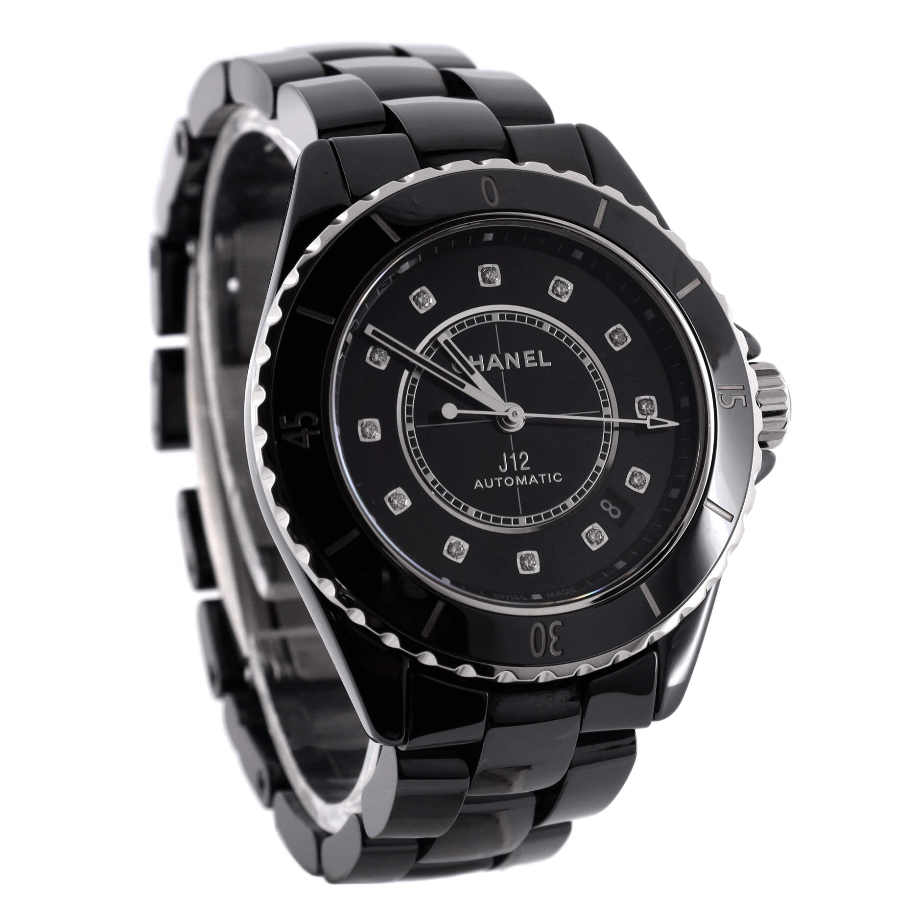 J12 Automatic Watch Ceramic and Stainless Steel with Diamond Markers 38