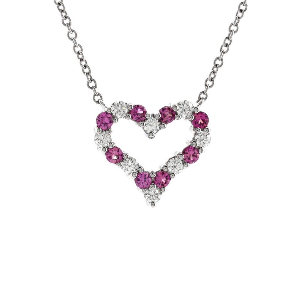 Sentimental Heart Pendant Necklace Platinum with Diamonds and Pink Sapphires Mini