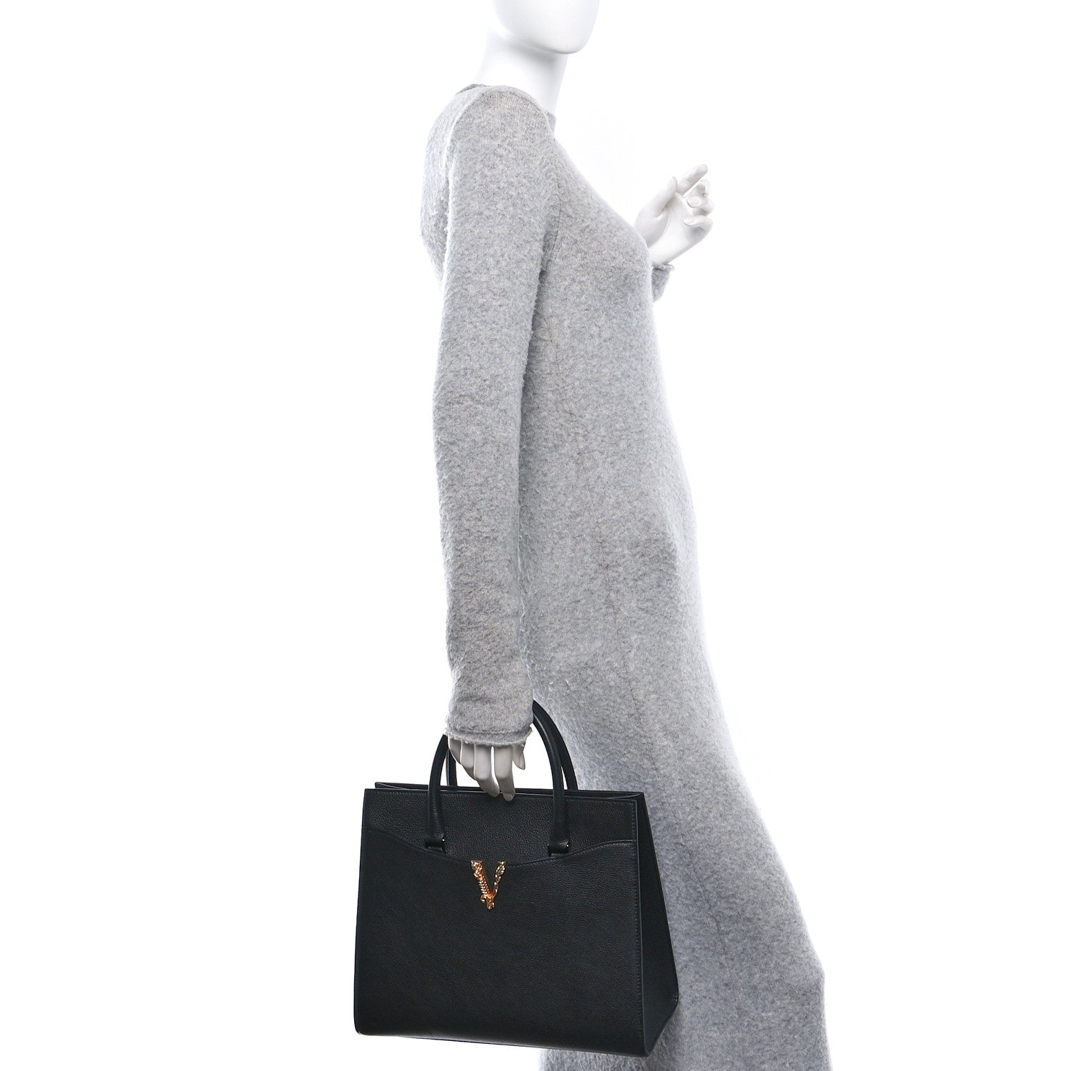 Grained Calfskin Large Virtus Top Handle Shoulder Bag Black