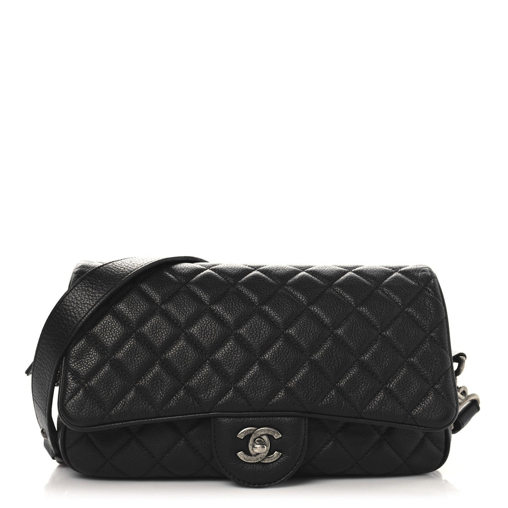 Grained Calfskin Quilted Medium Casual Rock Flap Black