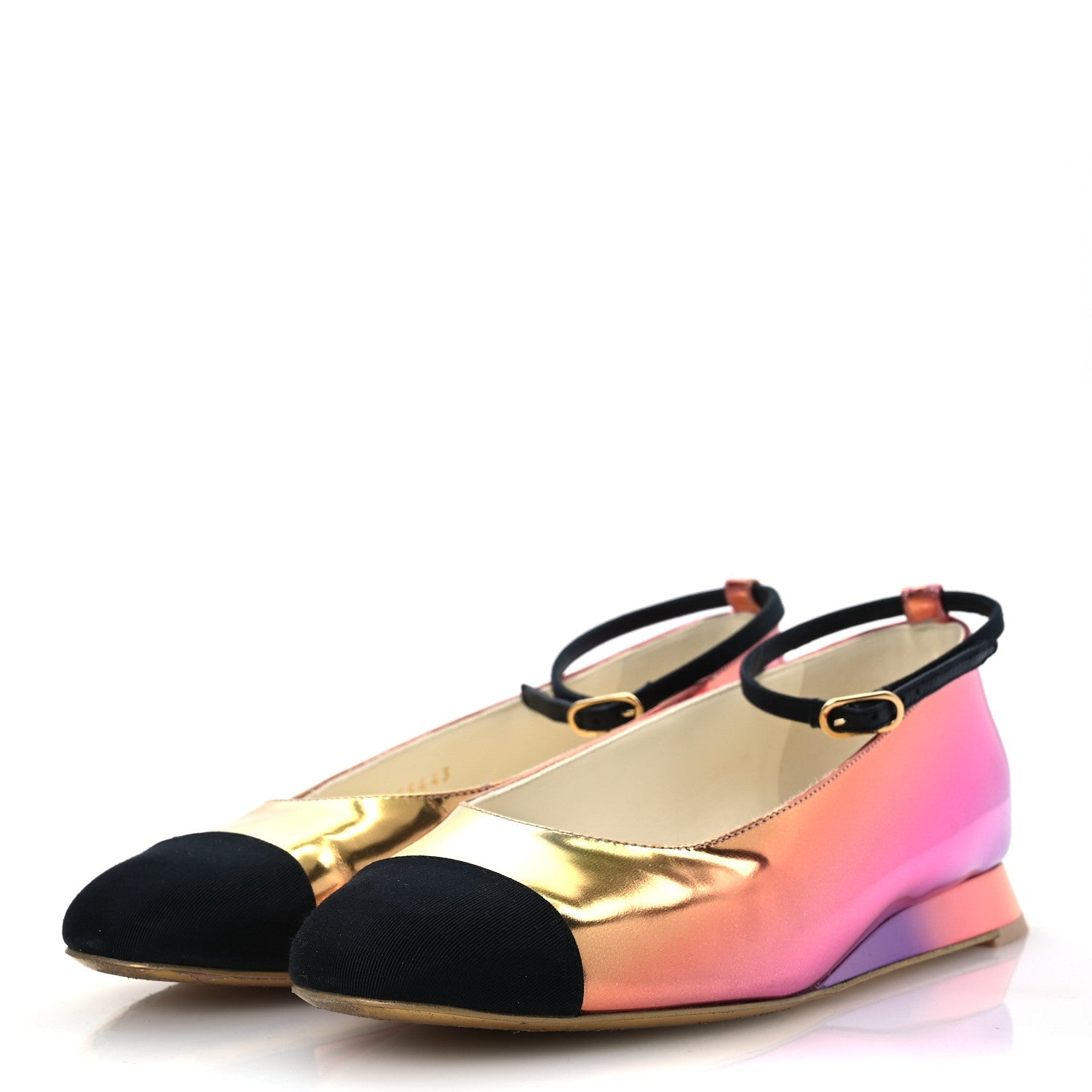 Laminated Calfskin Grosgrain Cap Toe CC Flats 36.5 Pink Orange Yellow Black