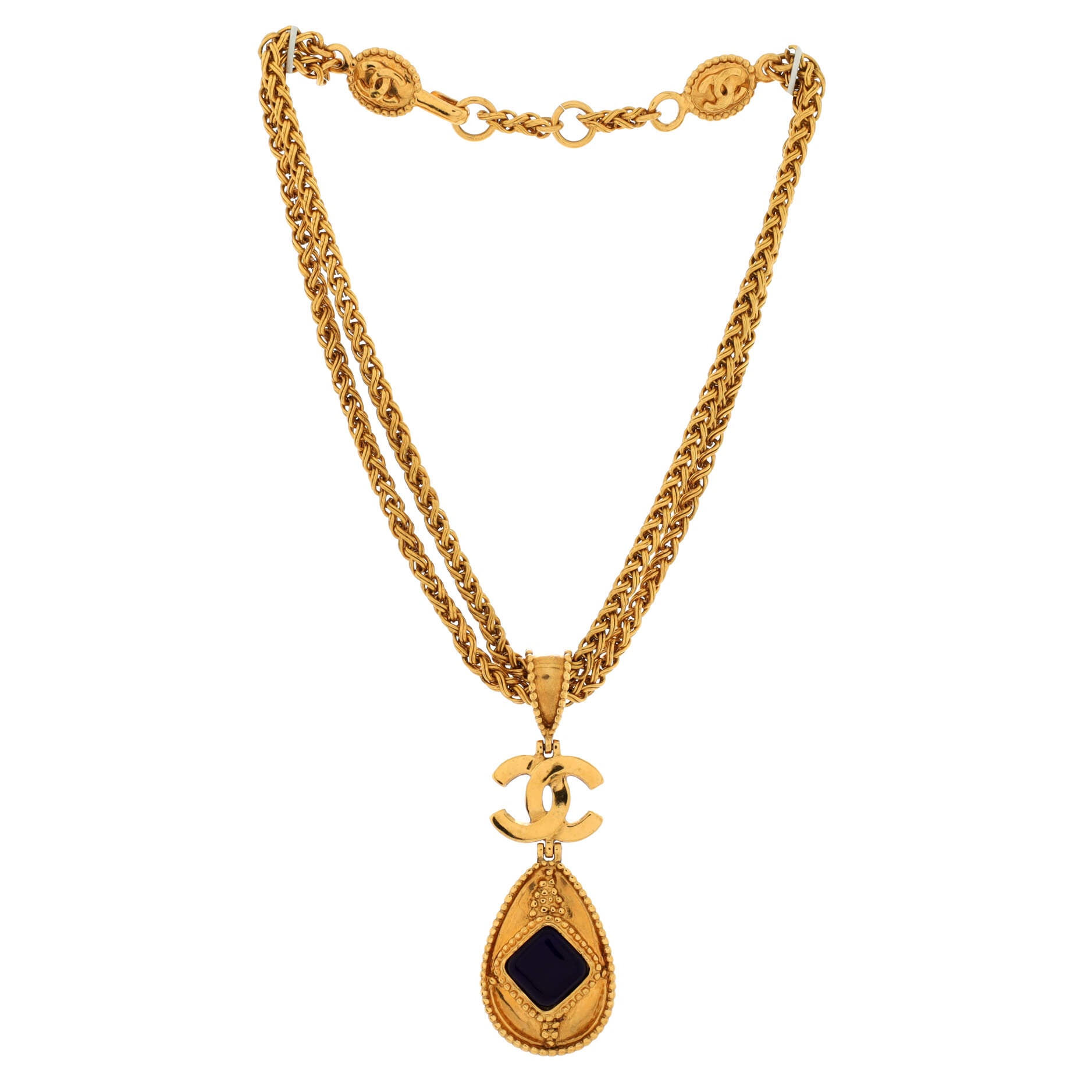 Vintage CC Oval Pendant Necklace Metal with Crystal