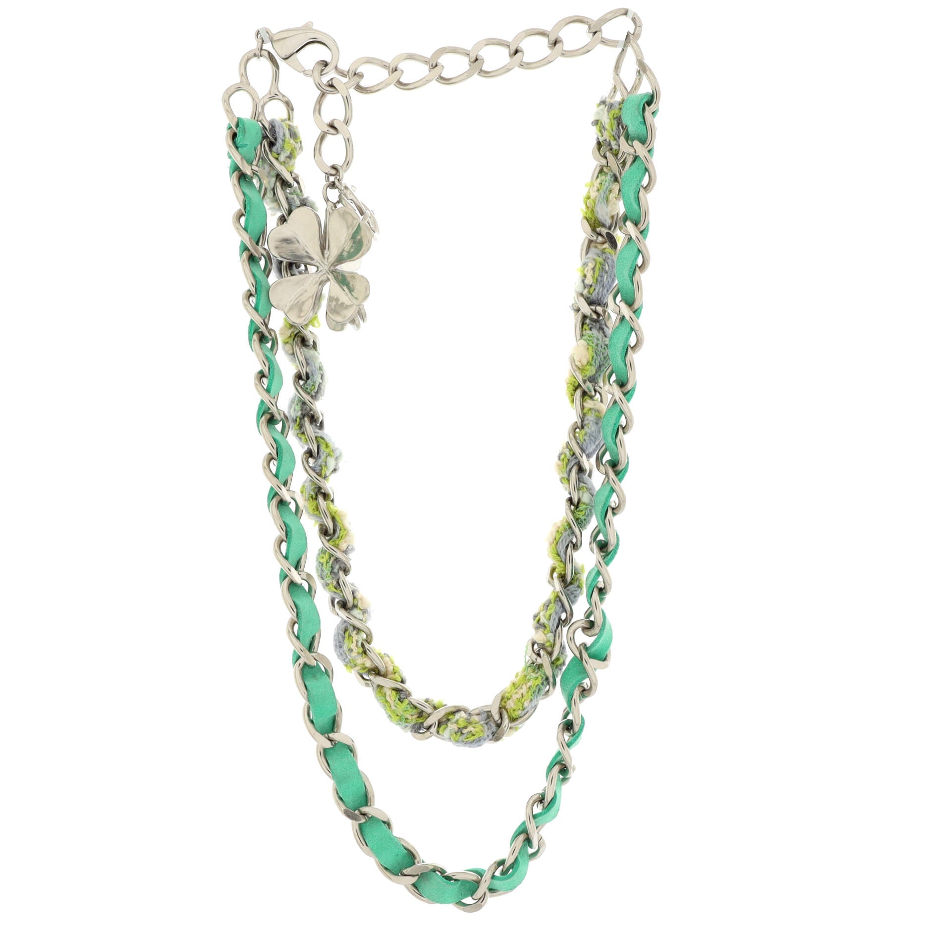 Clover Multistrand Chain Necklace Metal with Suede and Tweed