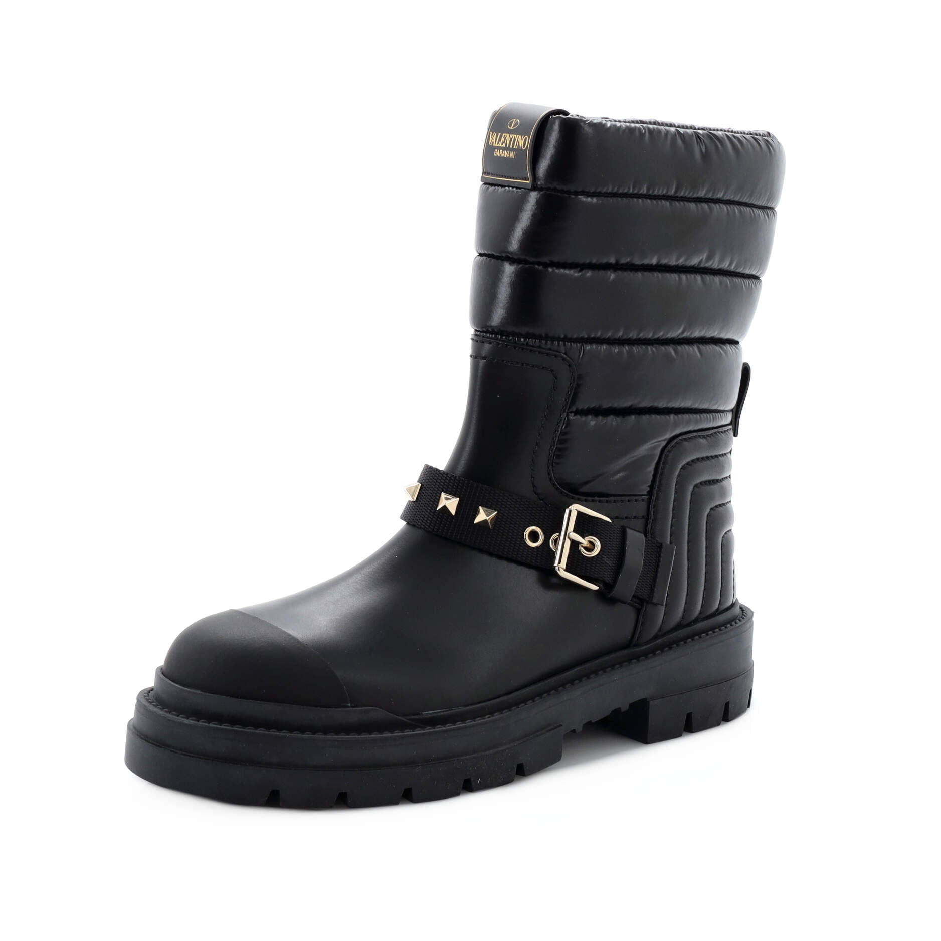 Women's Rockstud Biker Boots Leather with Quilted Nylon