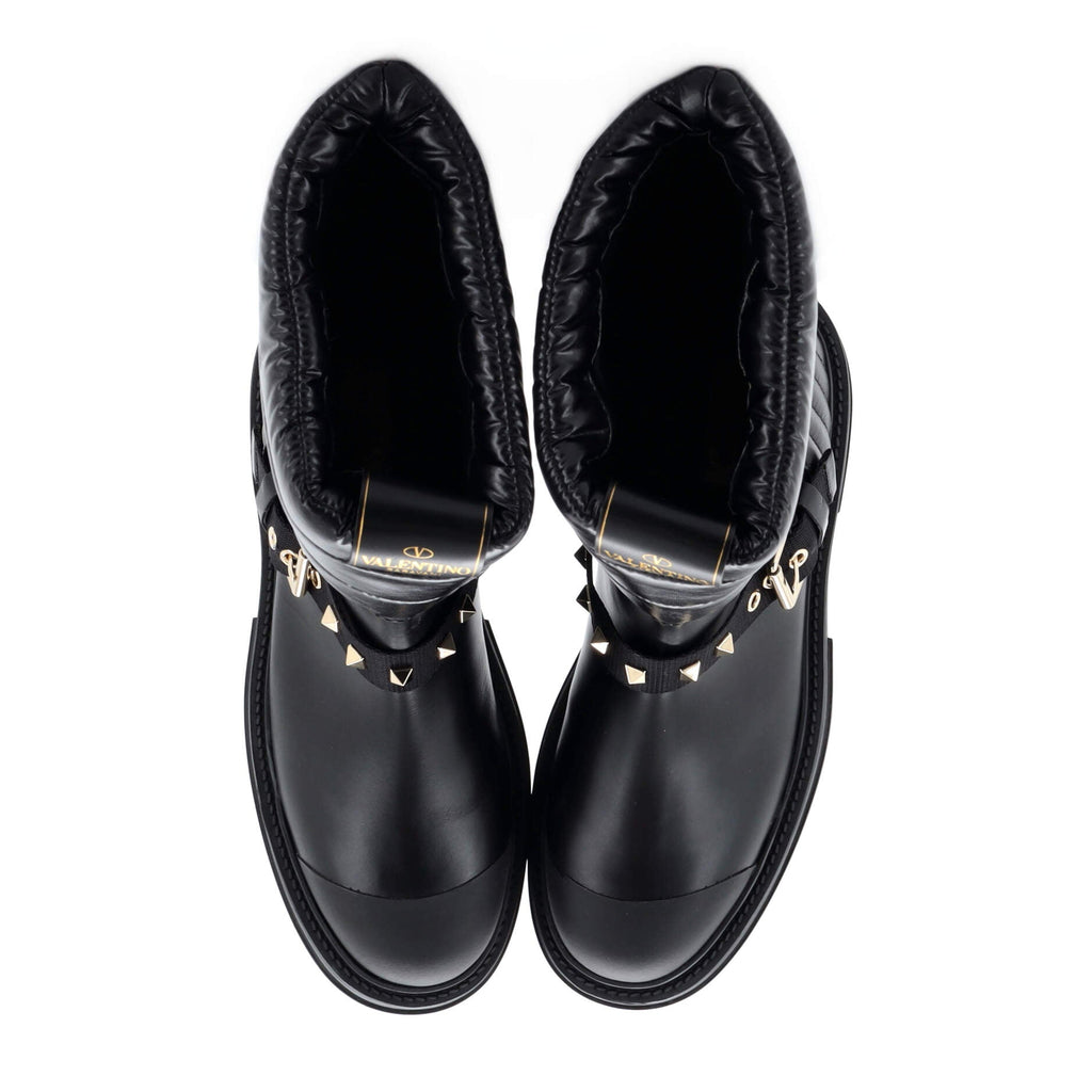 Women's Rockstud Biker Boots Leather with Quilted Nylon
