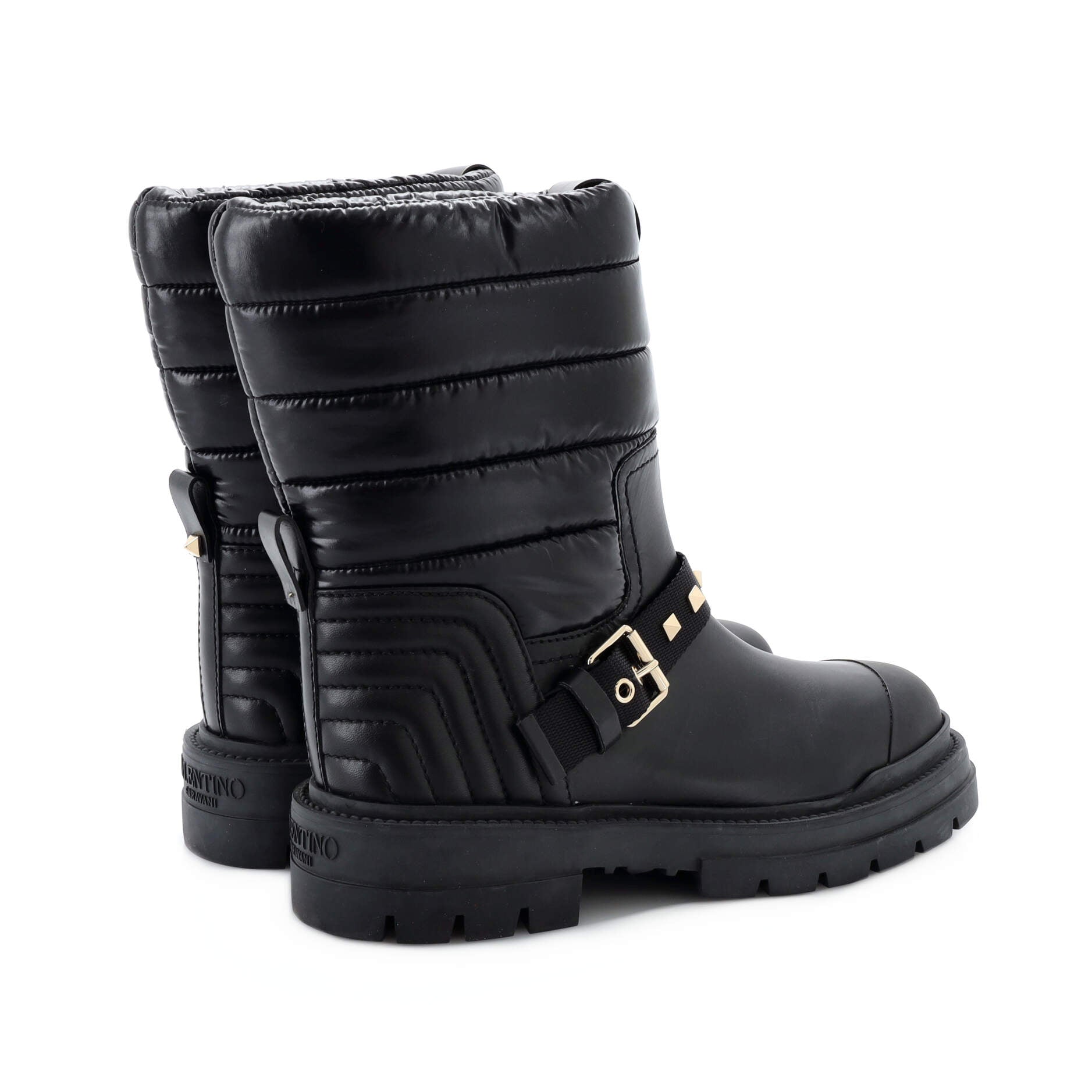 Women's Rockstud Biker Boots Leather with Quilted Nylon
