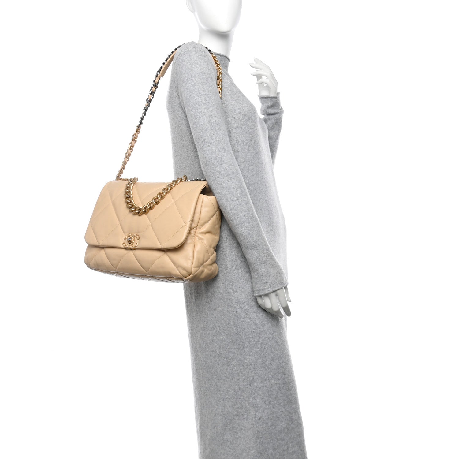 Goatskin Quilted Maxi Chanel 19 Flap Beige