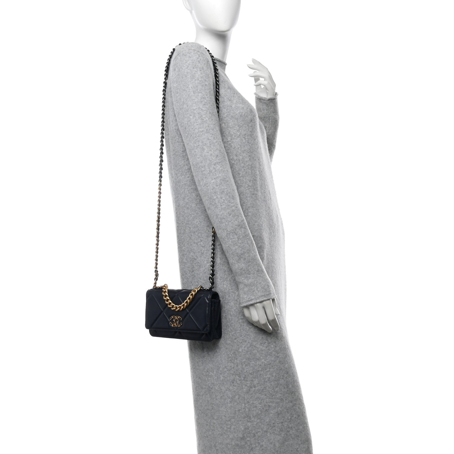 Lambskin Quilted Chanel 19 Wallet On Chain WOC Navy Blue