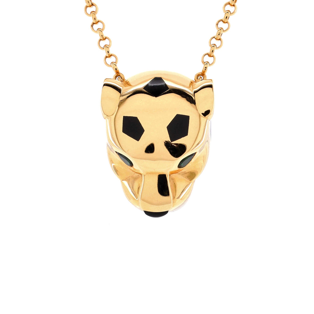 Panthere de Cartier Head Pendant Necklace 18K Yellow Gold with Onyx and Tsavorite