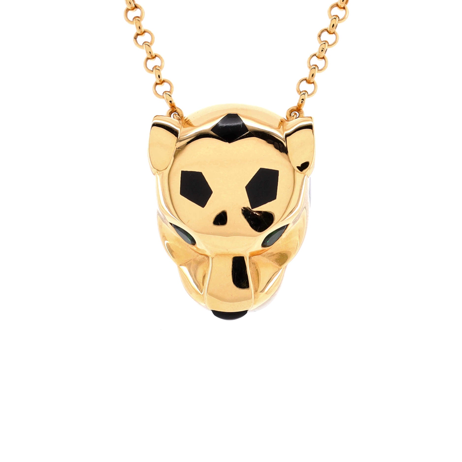 Panthere de Cartier Head Pendant Necklace 18K Yellow Gold with Onyx and Tsavorite