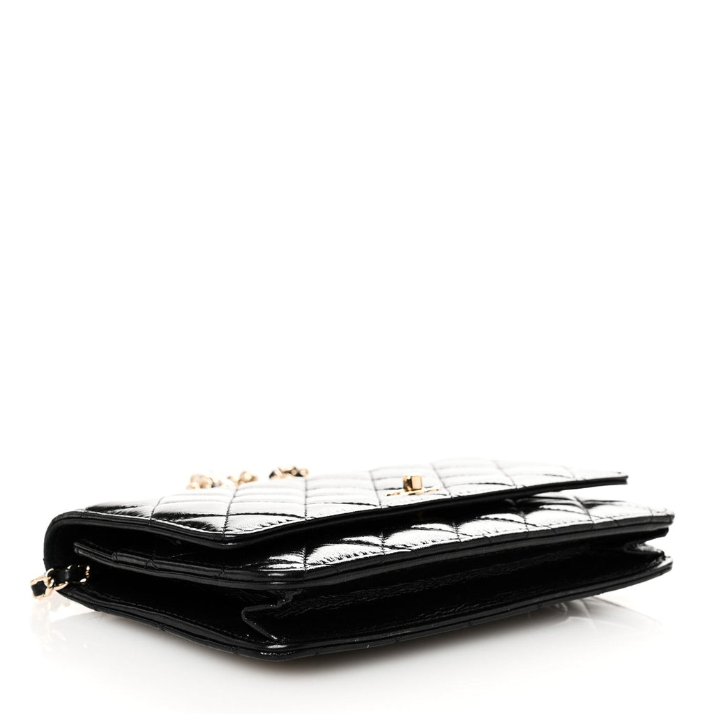 Shiny Calfskin Quilted Pearl Charms Wallet On Chain WOC Black