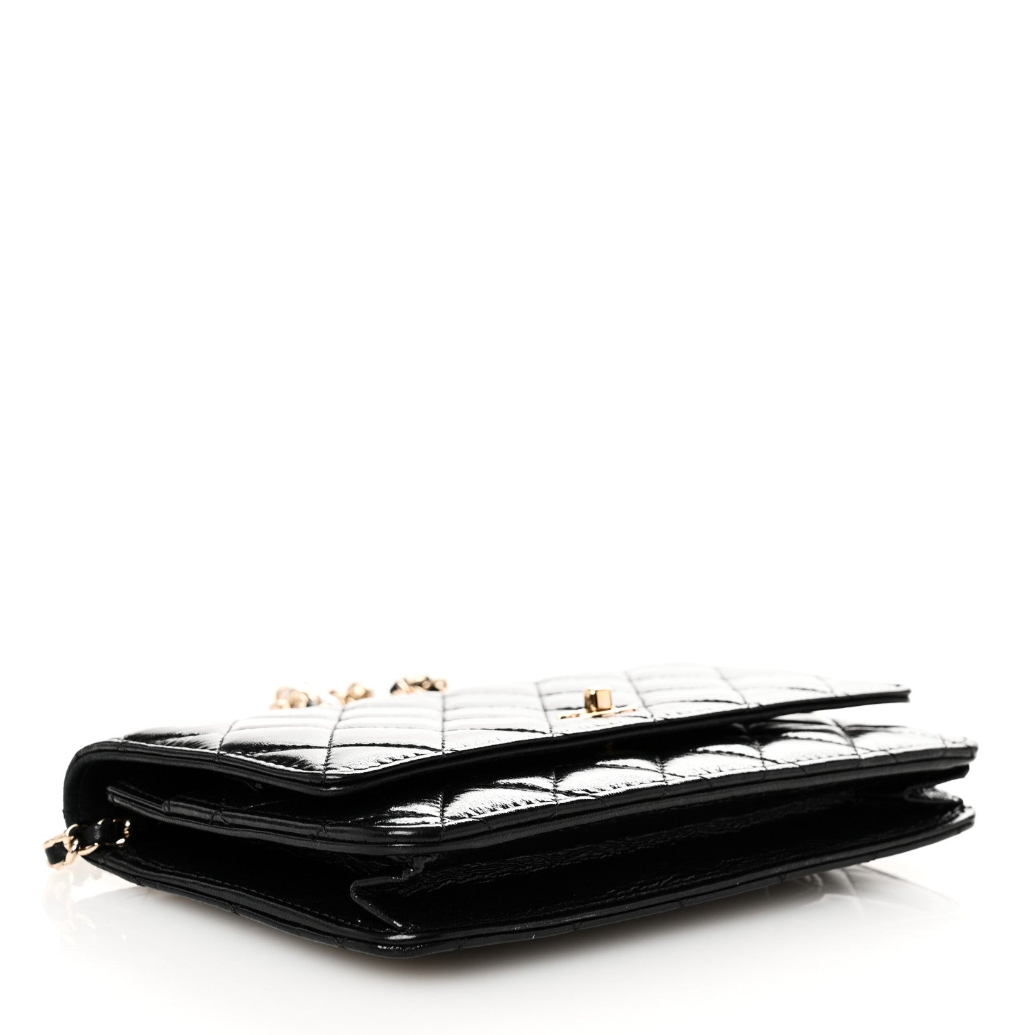 Shiny Calfskin Quilted Pearl Charms Wallet On Chain WOC Black