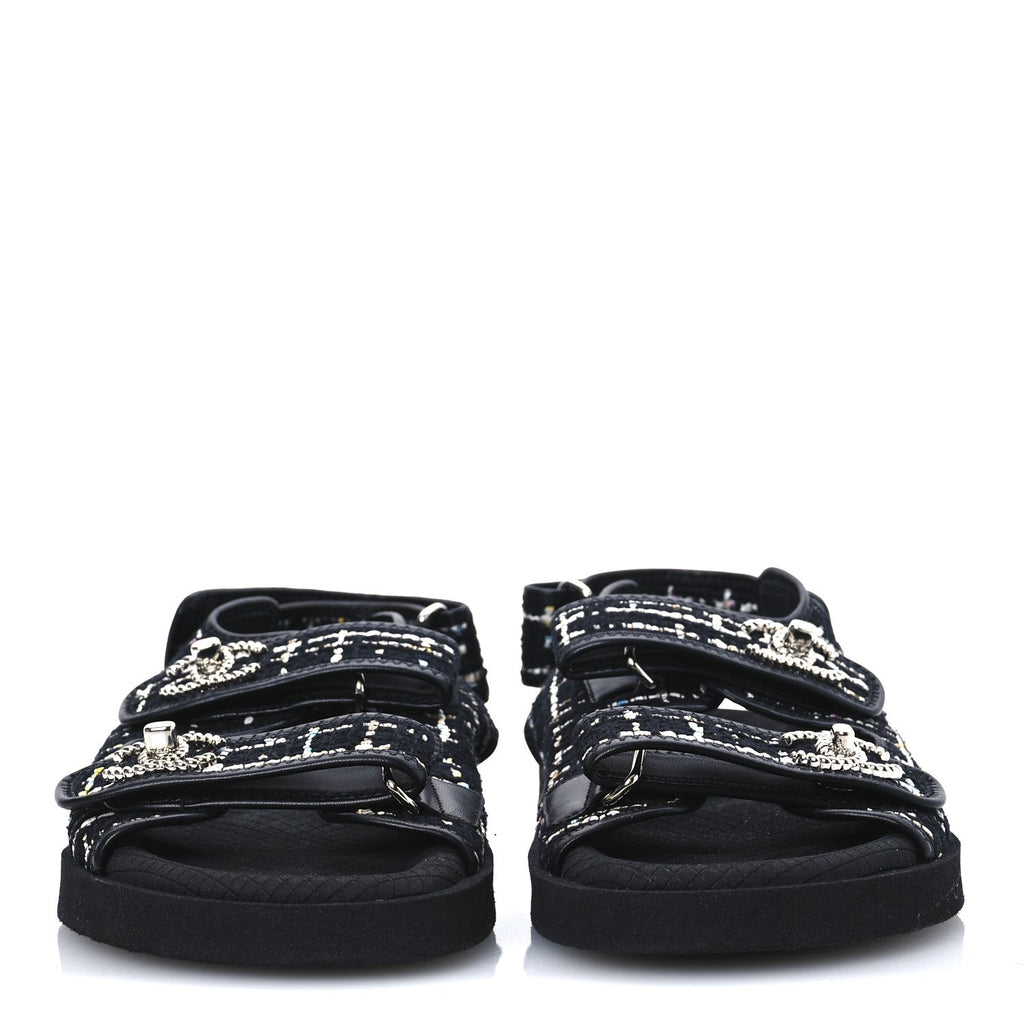 Tweed Lambskin Dad Sandals 39 Black Multicolor