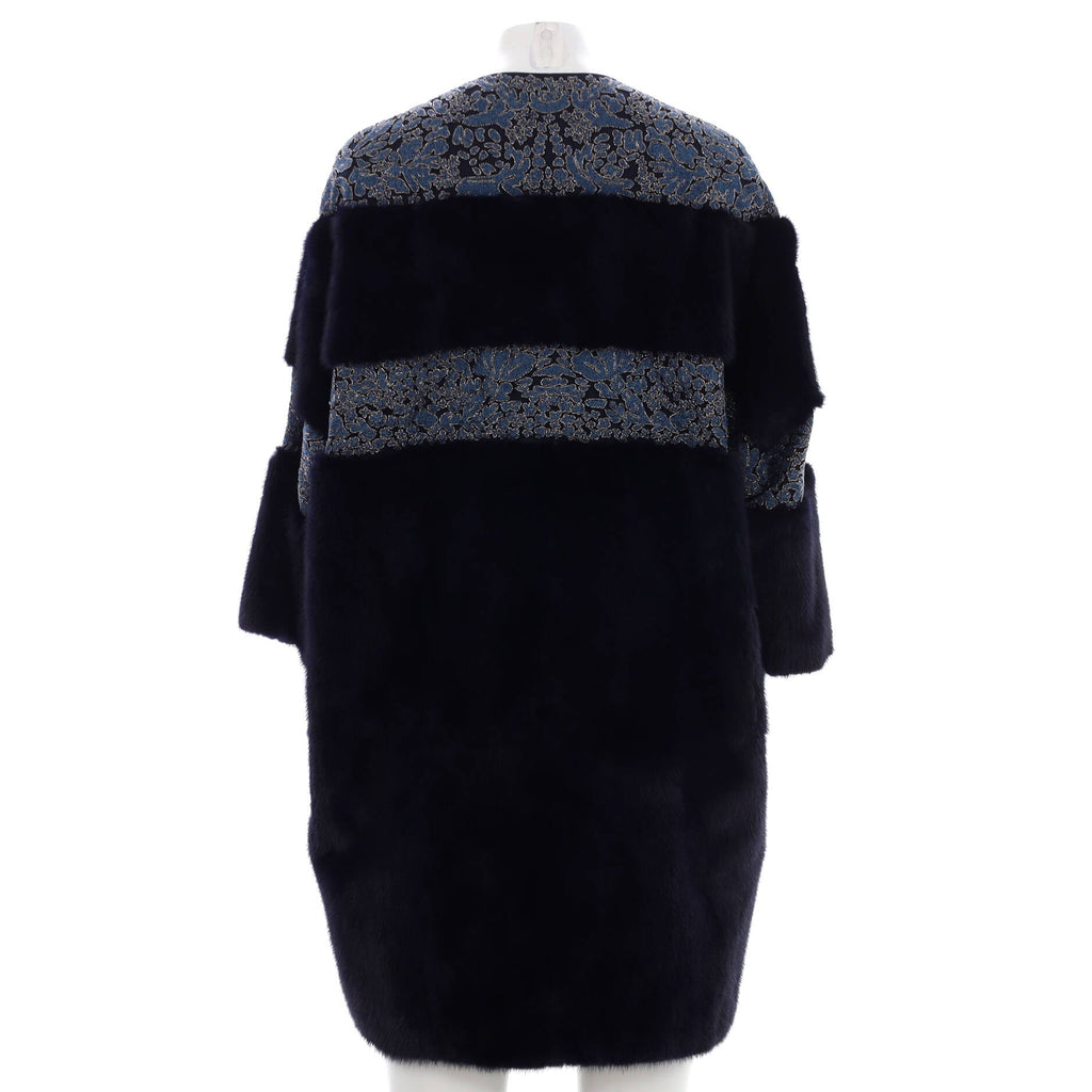 Women's Floral Panelled Button Up Coat Mink Fur with Beaded Satin