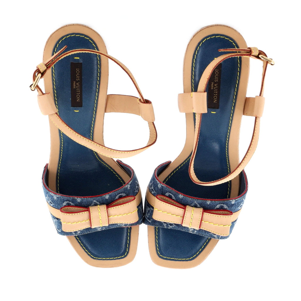 Women's Bow Heeled Sandals Monogram Denim and Leather