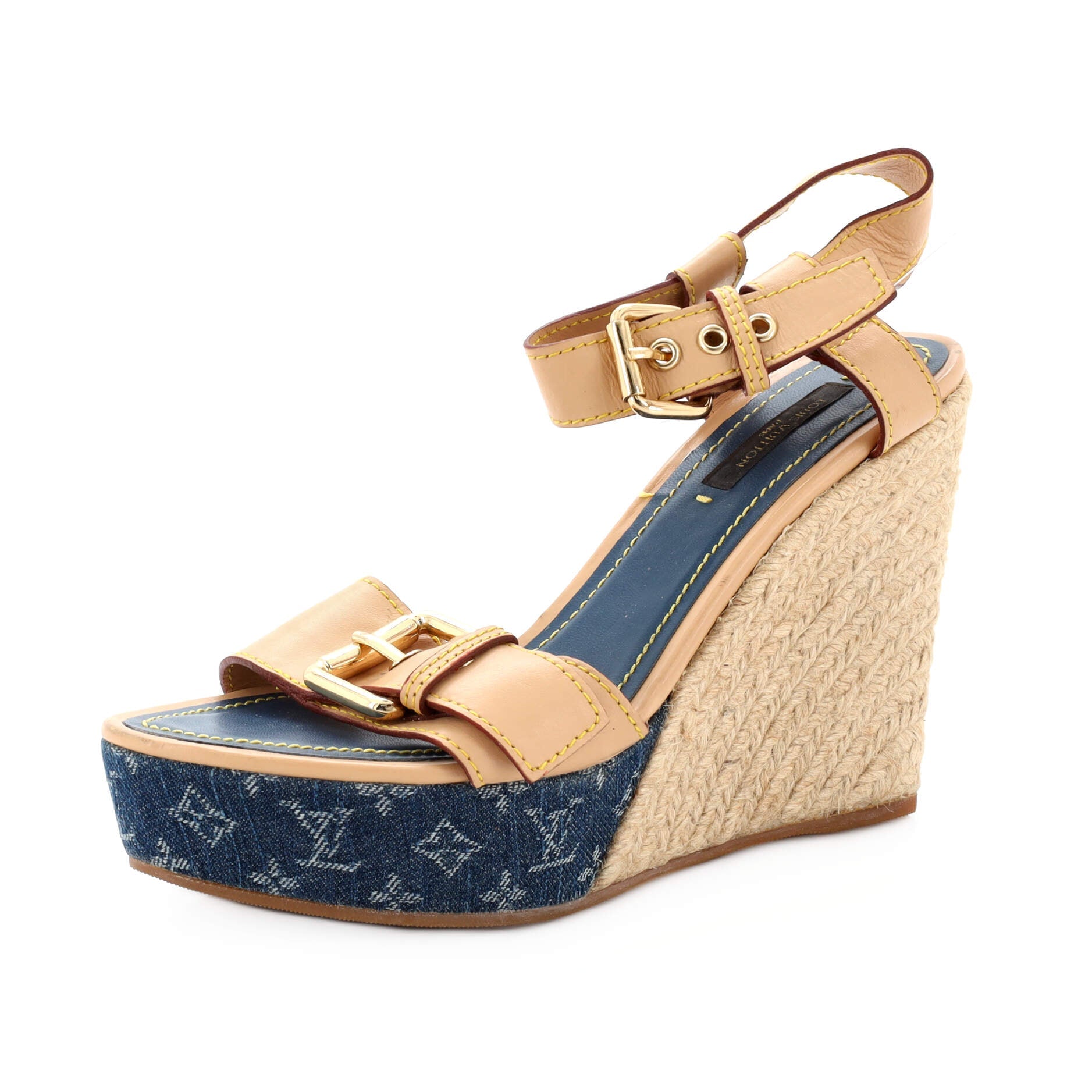 Women's Buckle Wedge Espadrilles Monogram Denim and Leather
