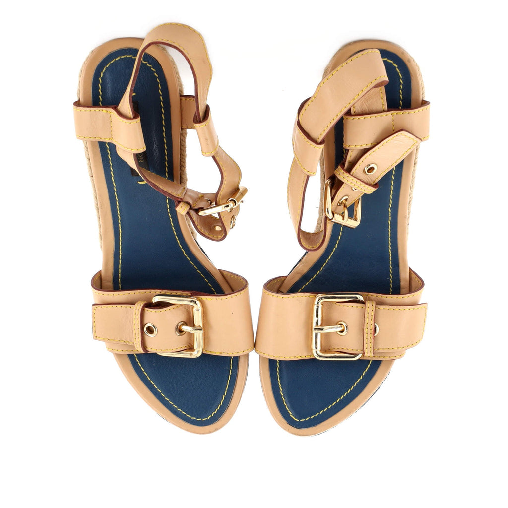 Women's Buckle Wedge Espadrilles Monogram Denim and Leather