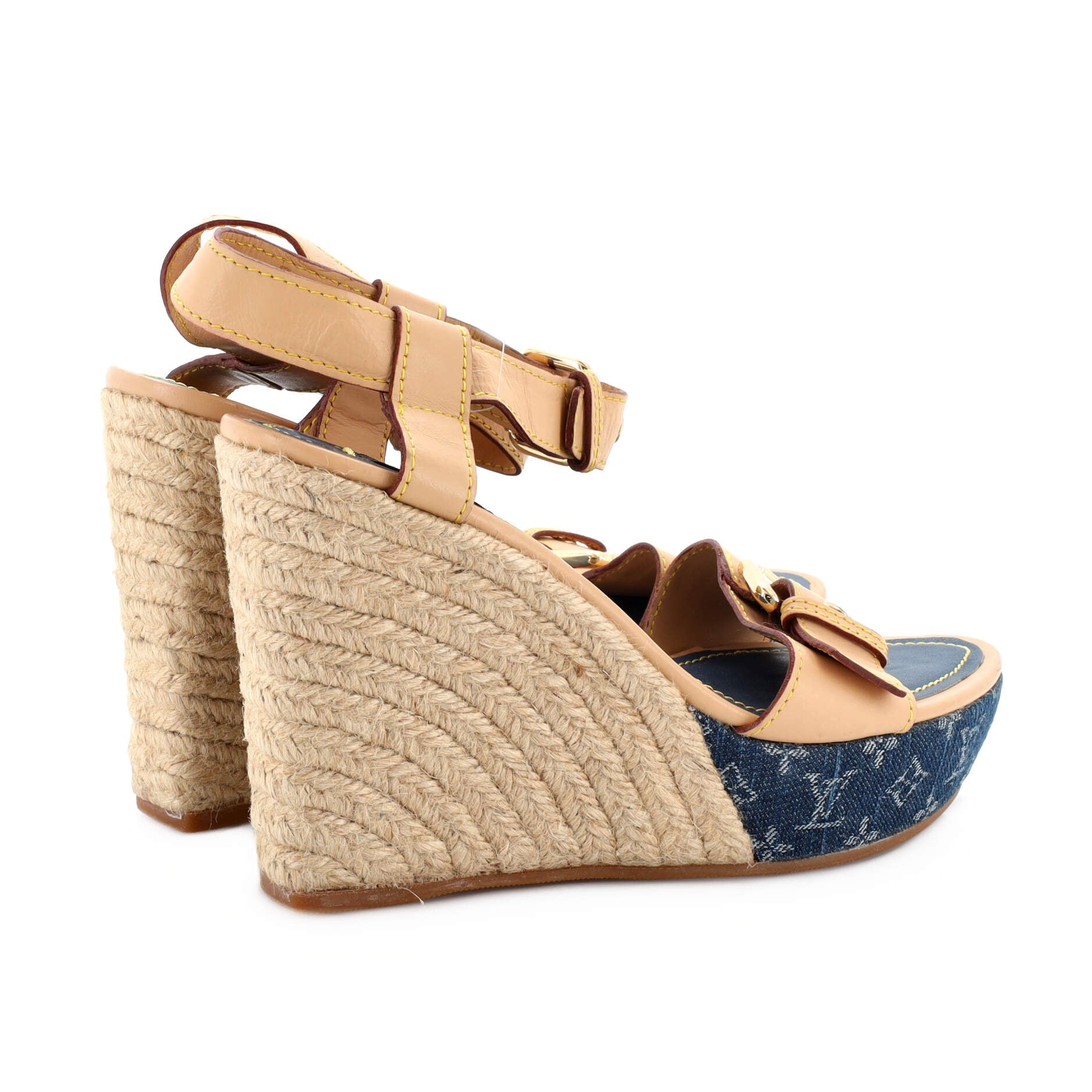 Women's Buckle Wedge Espadrilles Monogram Denim and Leather