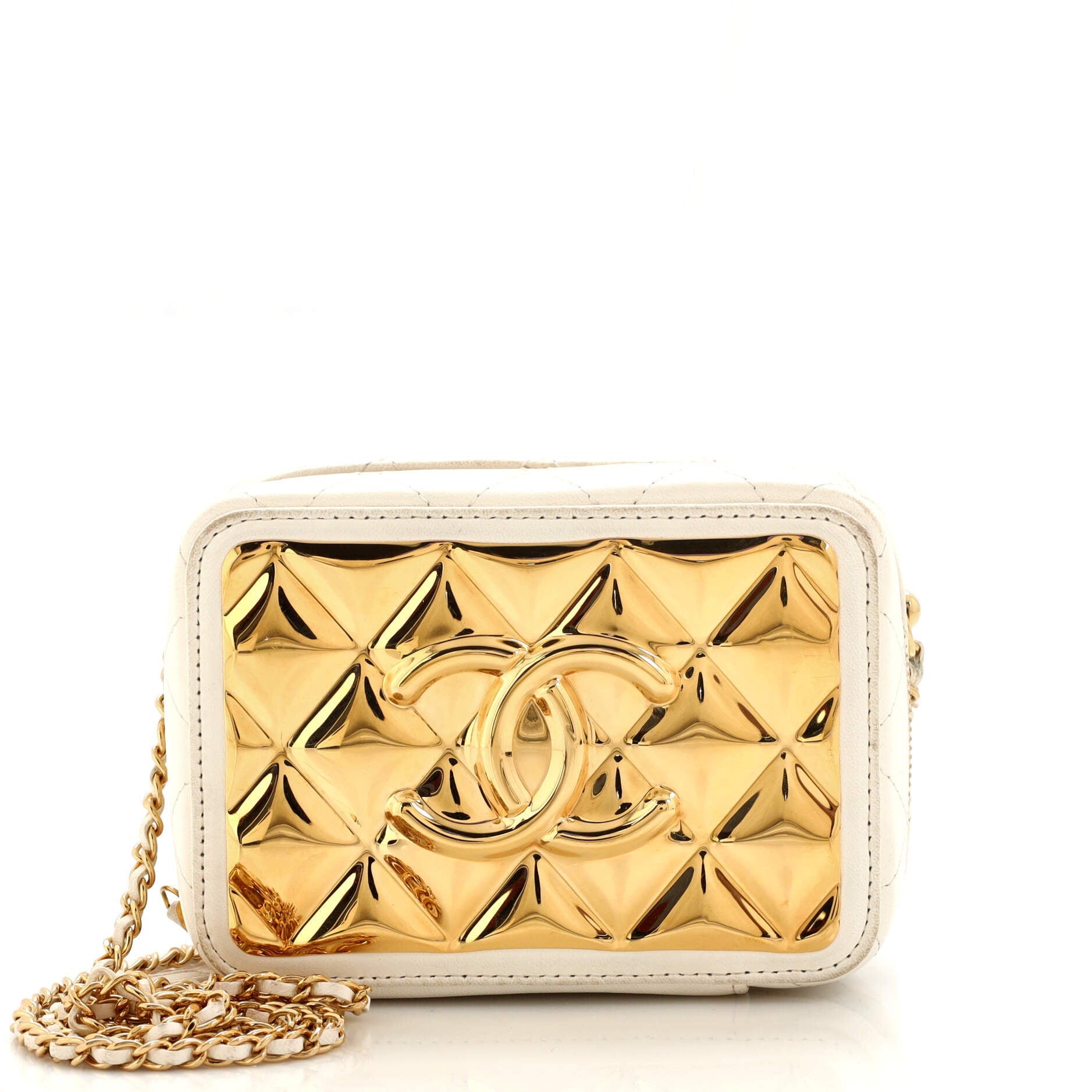 Golden Plate Zip Around Vanity Case with Chain Quilted Metal and Lambskin Mini