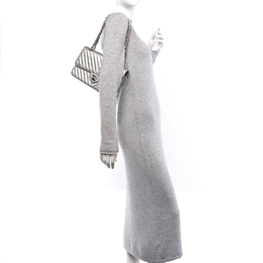 Metallic Patent Crumpled Calfskin Chevron Quilted Medium Double Flap Silver