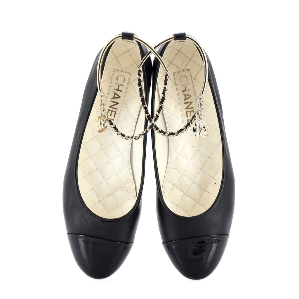 Women's Cap Toe Ankle Chain Ballerina Flats Leather