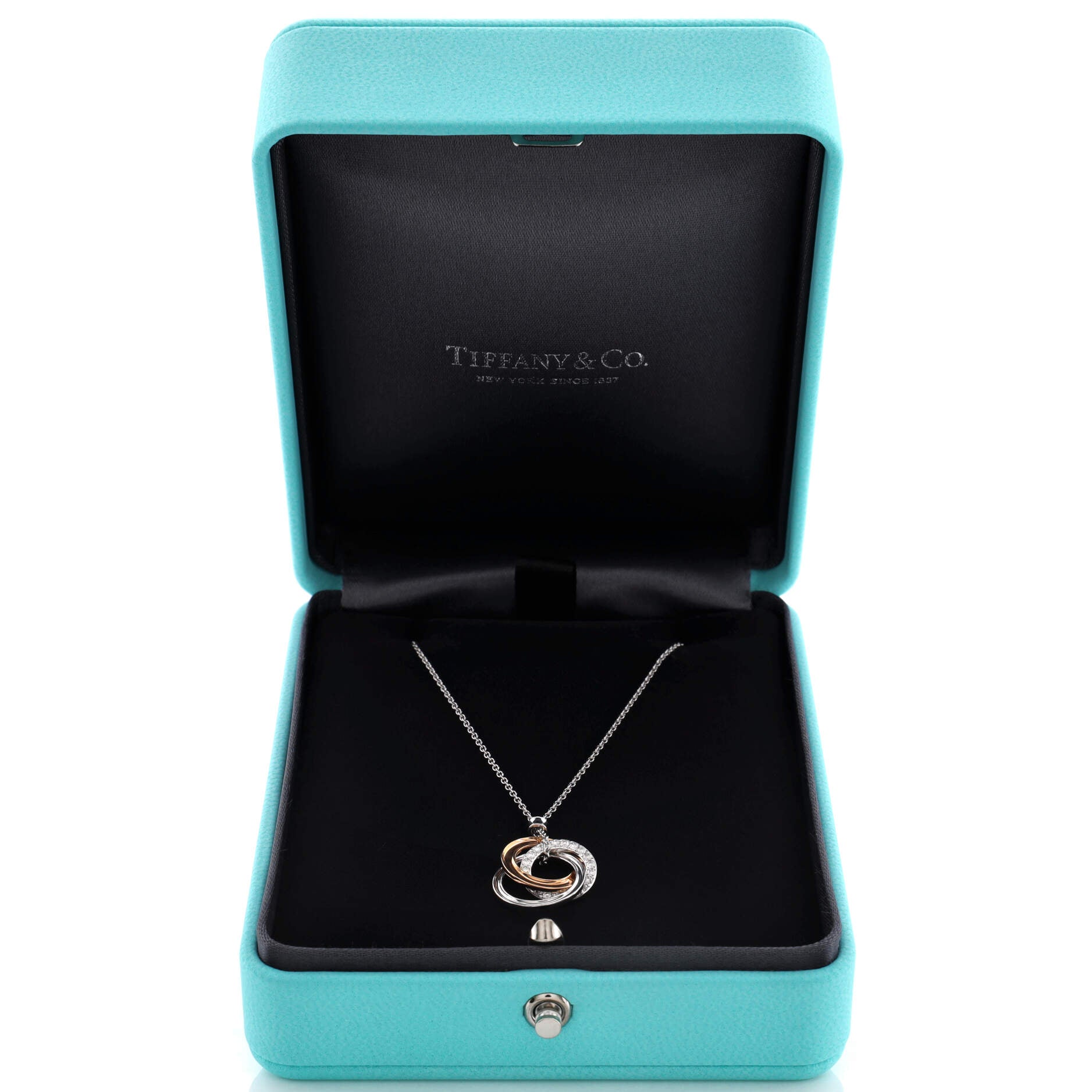Triple Interlocking Circles Pendant Necklace 18k White Gold with 18k Rose Gold and Diamonds