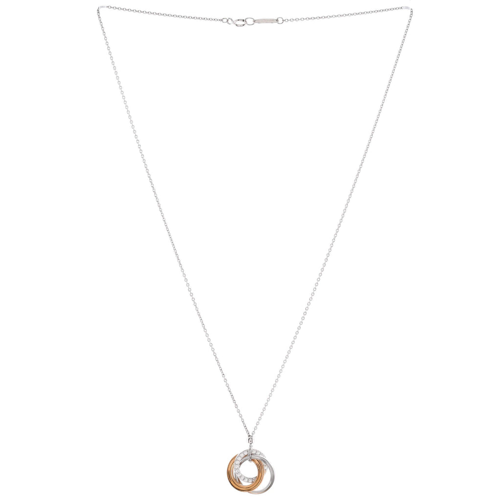 Triple Interlocking Circles Pendant Necklace 18k White Gold with 18k Rose Gold and Diamonds