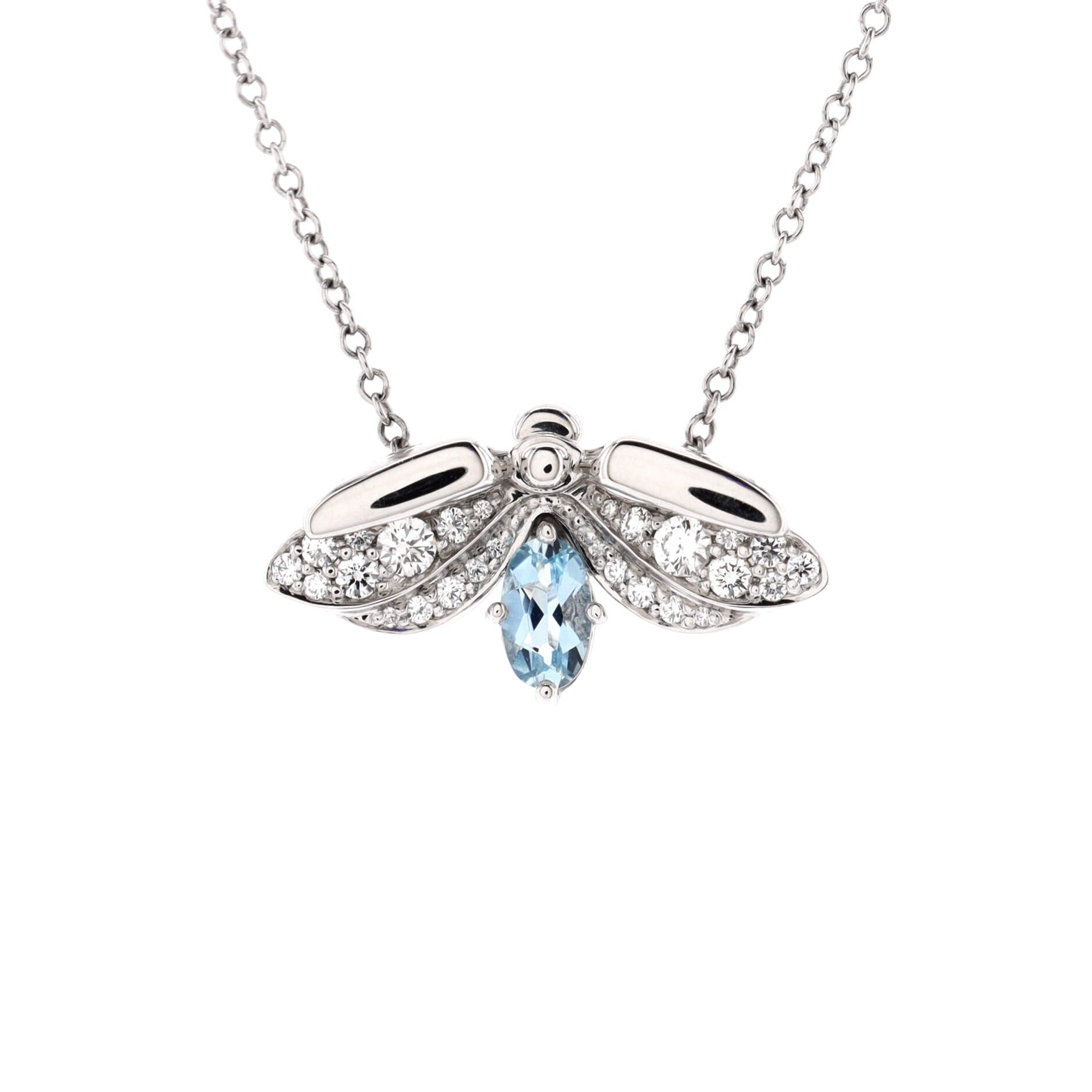 Paper Flowers Firefly Pendant Necklace Platinum with Diamonds and Aquamarine Small