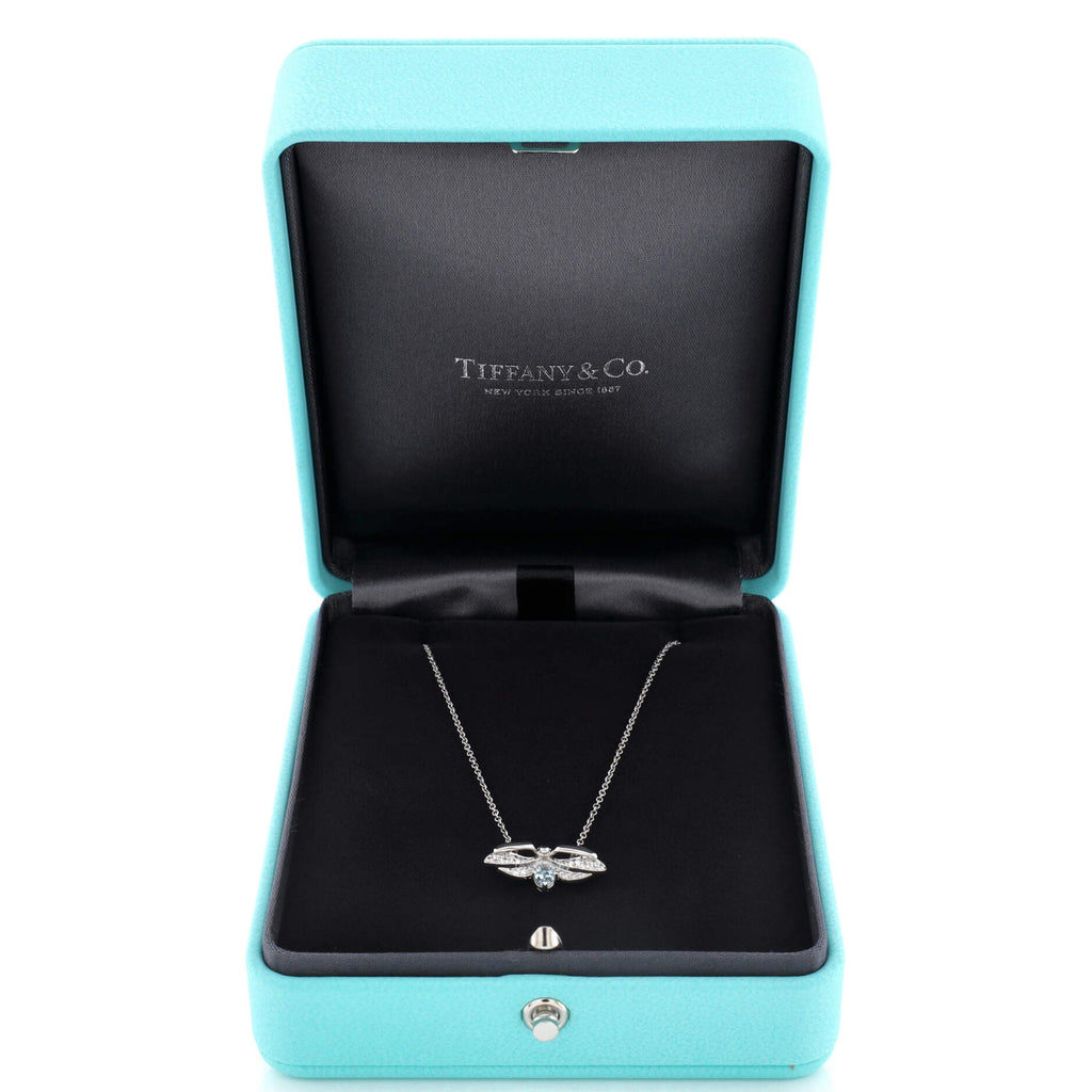 Paper Flowers Firefly Pendant Necklace Platinum with Diamonds and Aquamarine Small