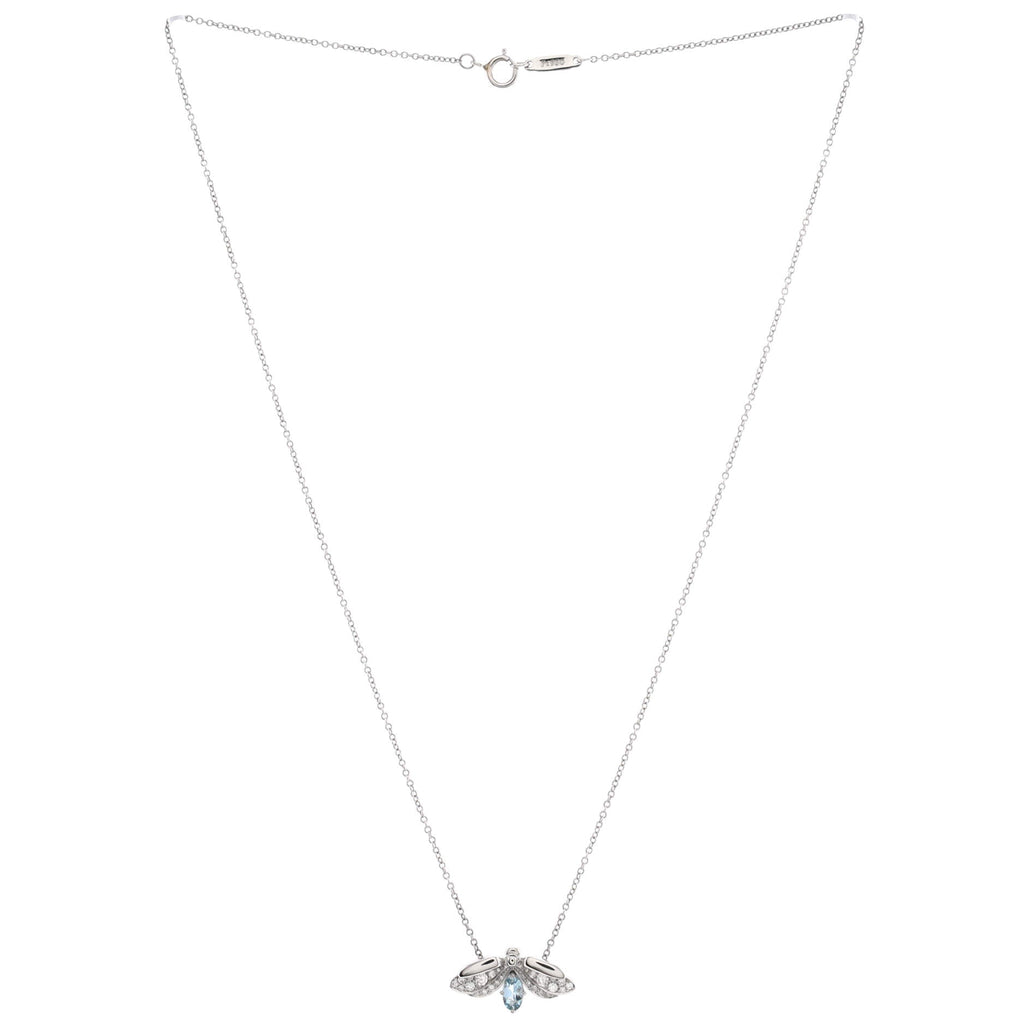 Paper Flowers Firefly Pendant Necklace Platinum with Diamonds and Aquamarine Small