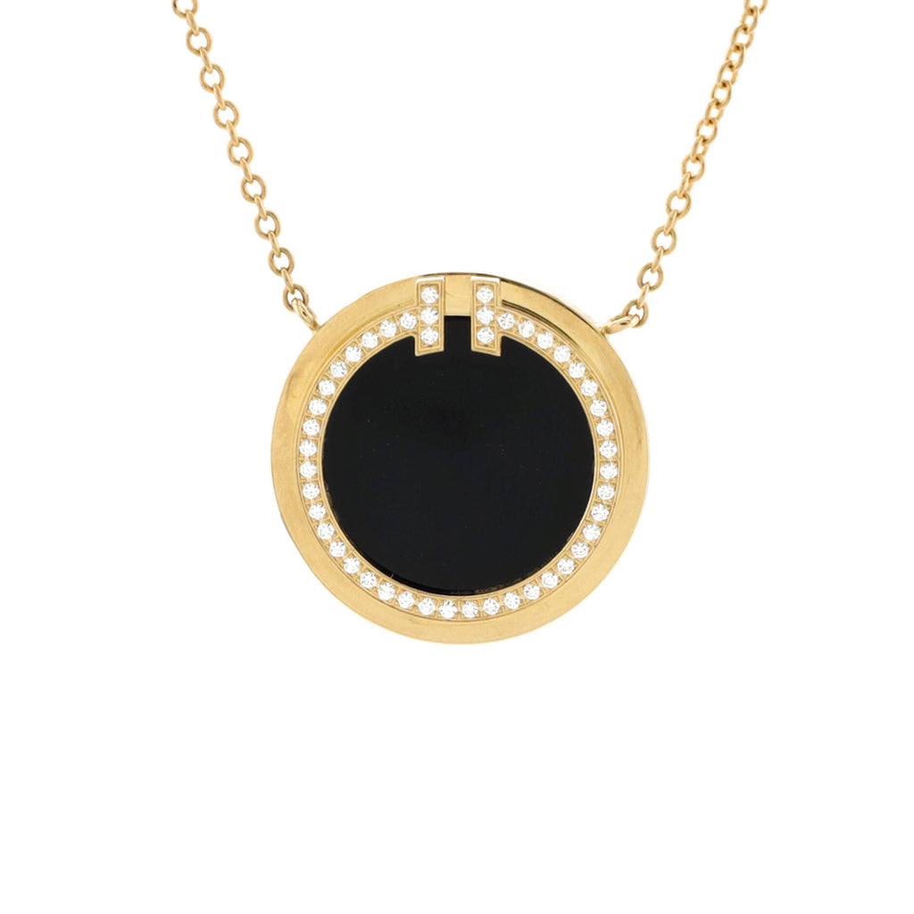 T Circle Pendant Necklace 18K Yellow Gold with Onyx and Diamonds Large