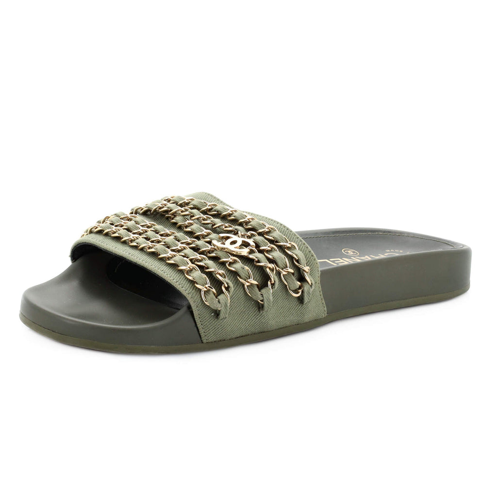 Women's CC Chain Slide Sandals Fabric and Metal