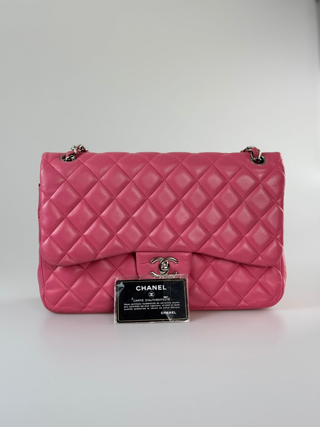 Chanel Pink Classic Double Flap Bag with Silver Hardware in Jumbo Size