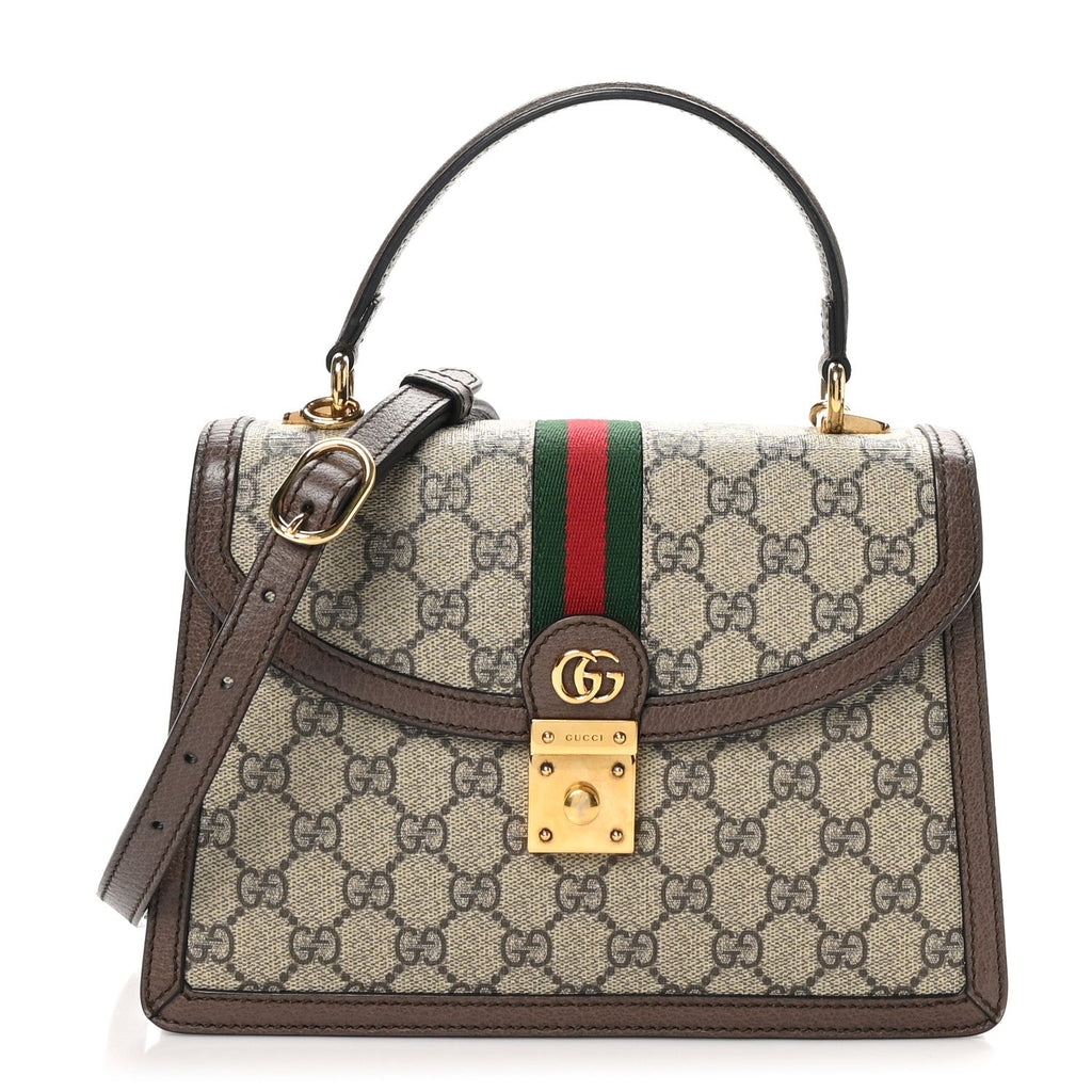 GG Supreme Monogram Textured Dollar Calfskin Web Small Ophidia Padlock Top Handle Bag Beige Ebony New Acero
