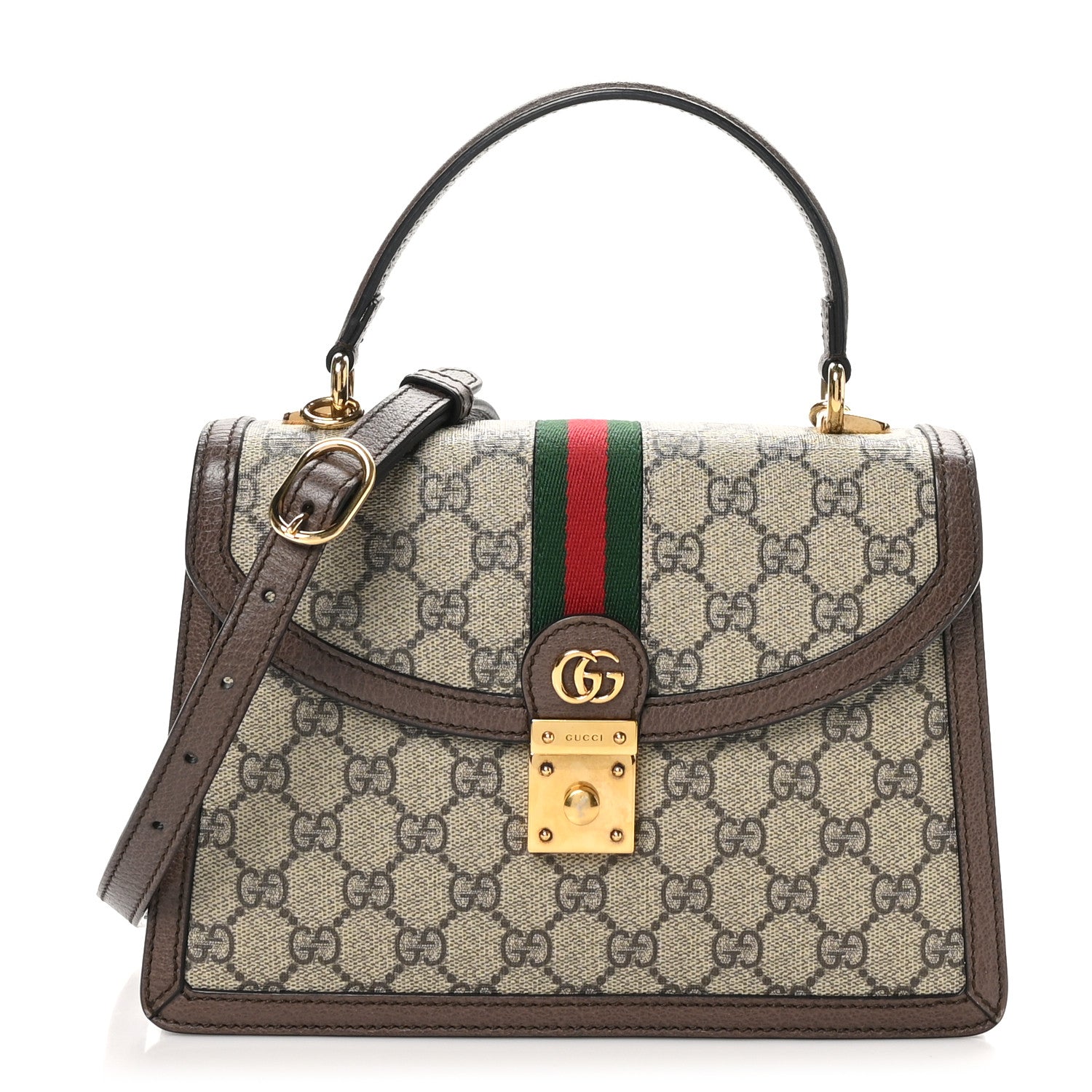 GG Supreme Monogram Textured Dollar Calfskin Web Small Ophidia Padlock Top Handle Bag Beige Ebony New Acero