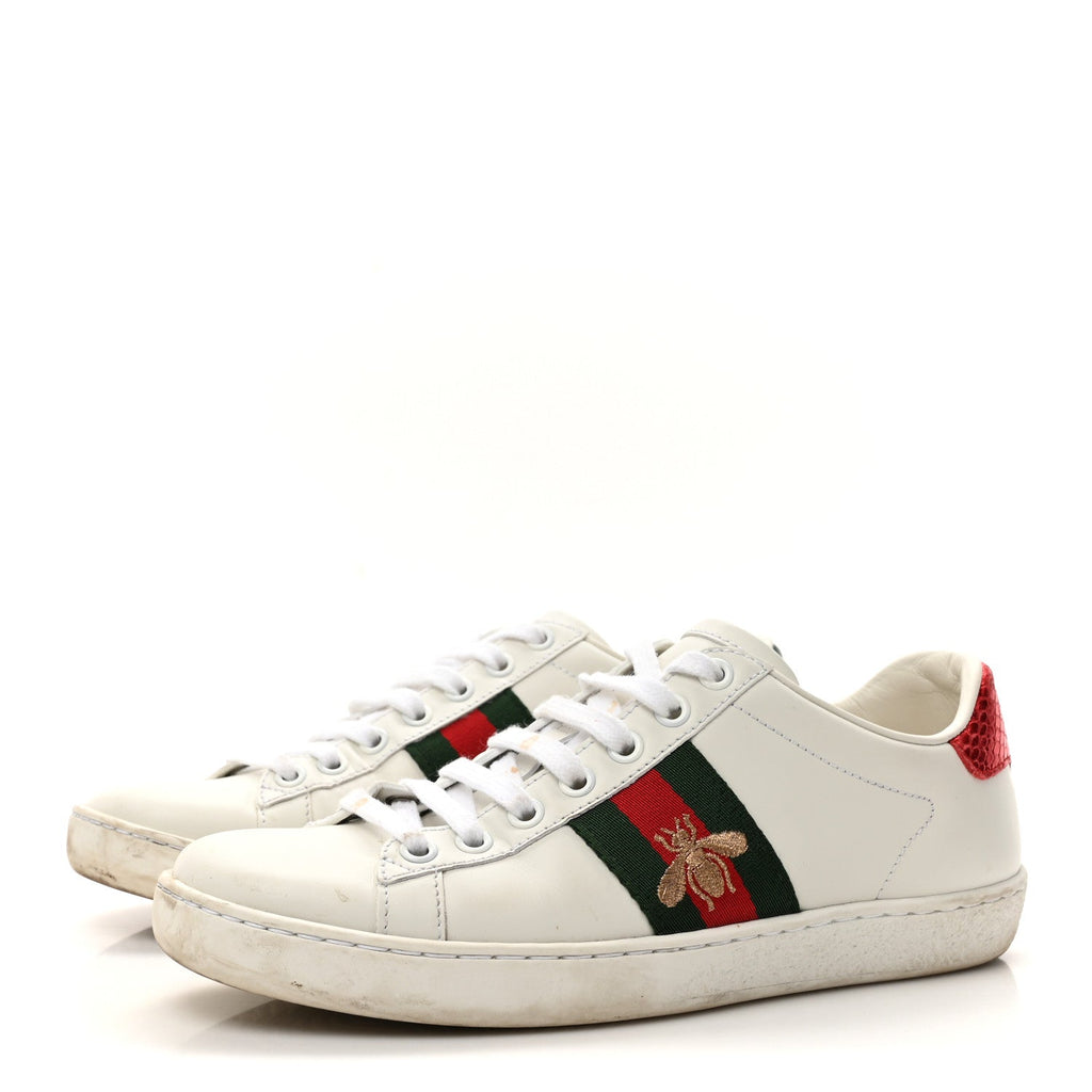 Calfskin Ayers Bee Embroidered Womens Ace Sneakers 36 White Green
