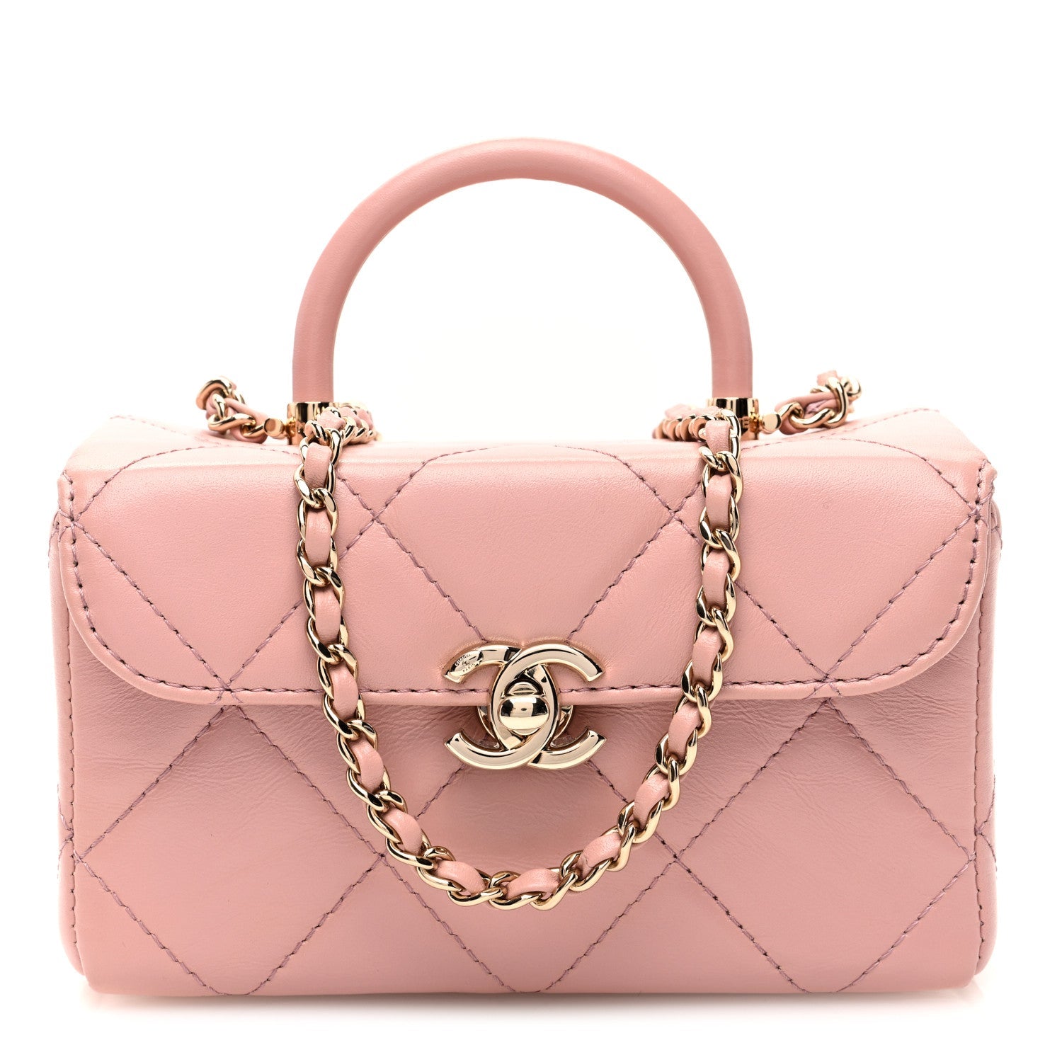 Shiny Calfskin Quilted CC Handle Vanity Flap Bag Pink