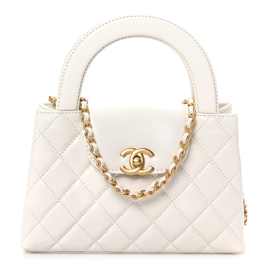 Shiny Aged Calfskin Quilted Nano Kelly Shopper White