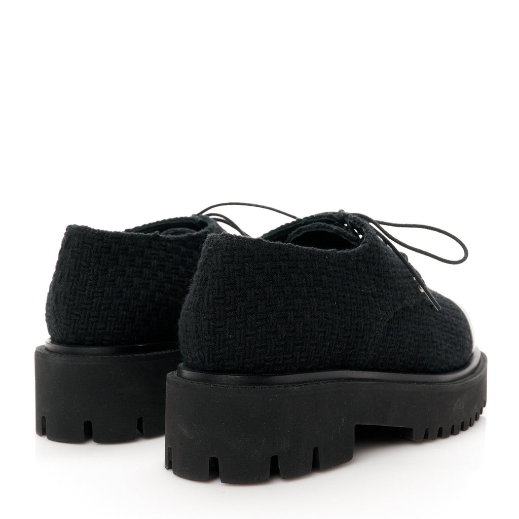 Wool Tweed Calfskin Lace-Up Loafers 38.5 Black