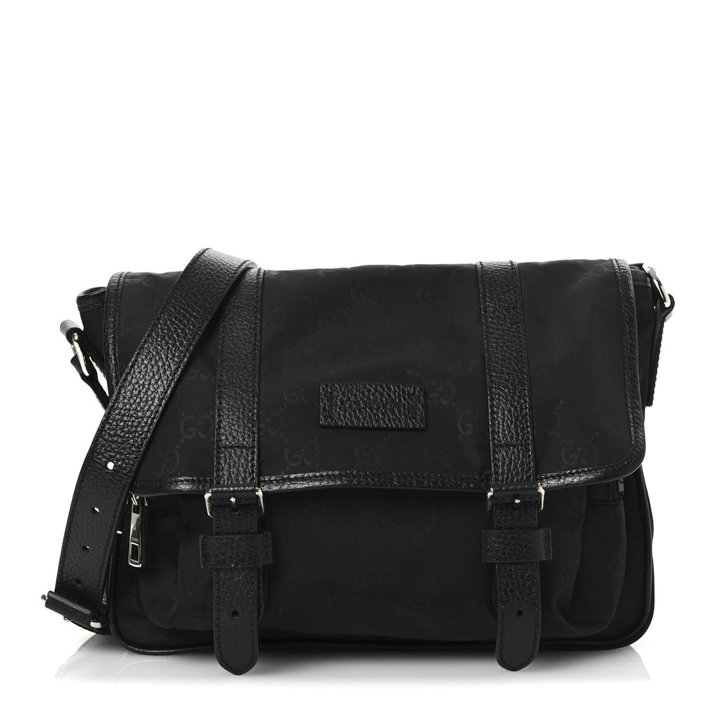 Nylon Monogram Double Buckle Flap Messenger Bag Black