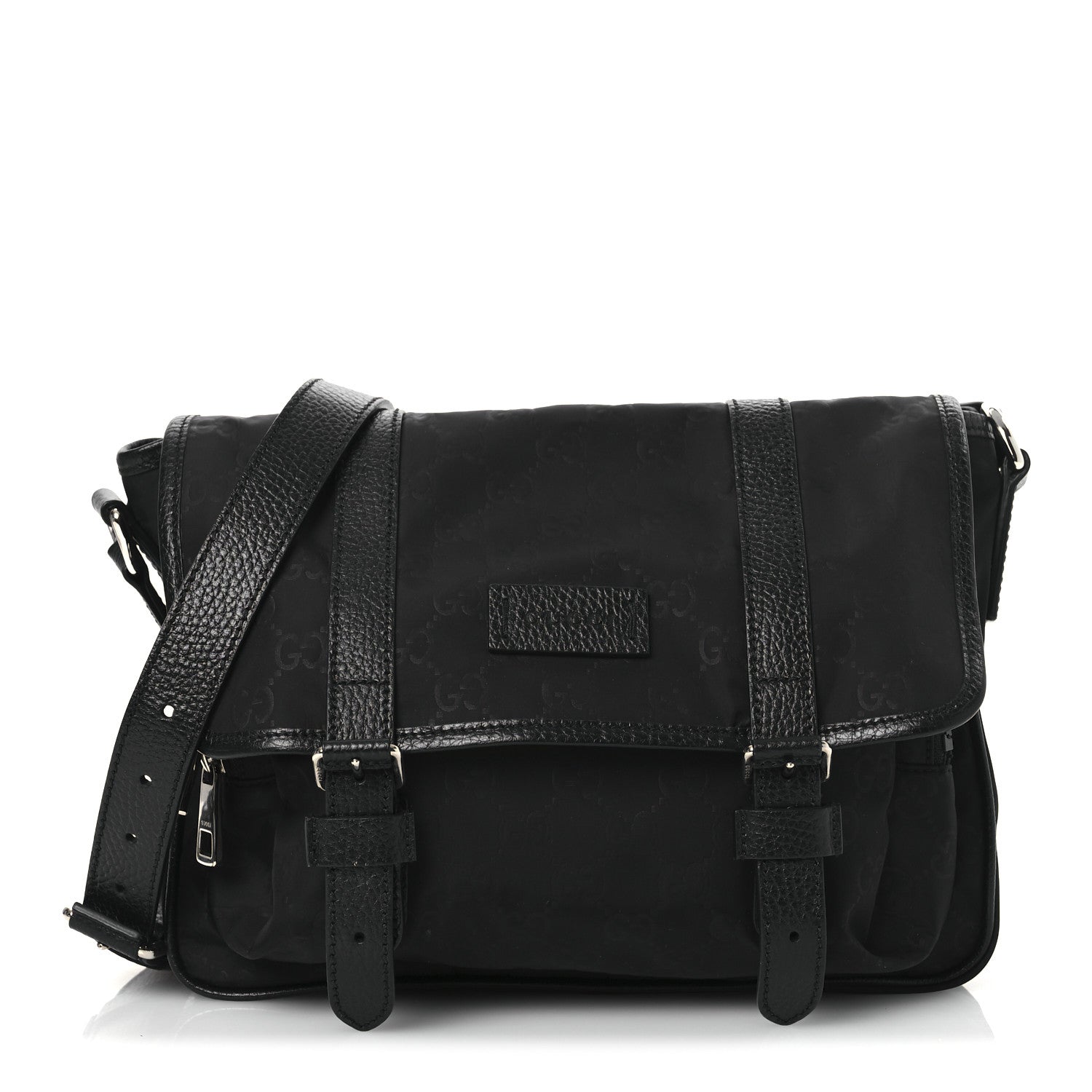 Nylon Monogram Double Buckle Flap Messenger Bag Black