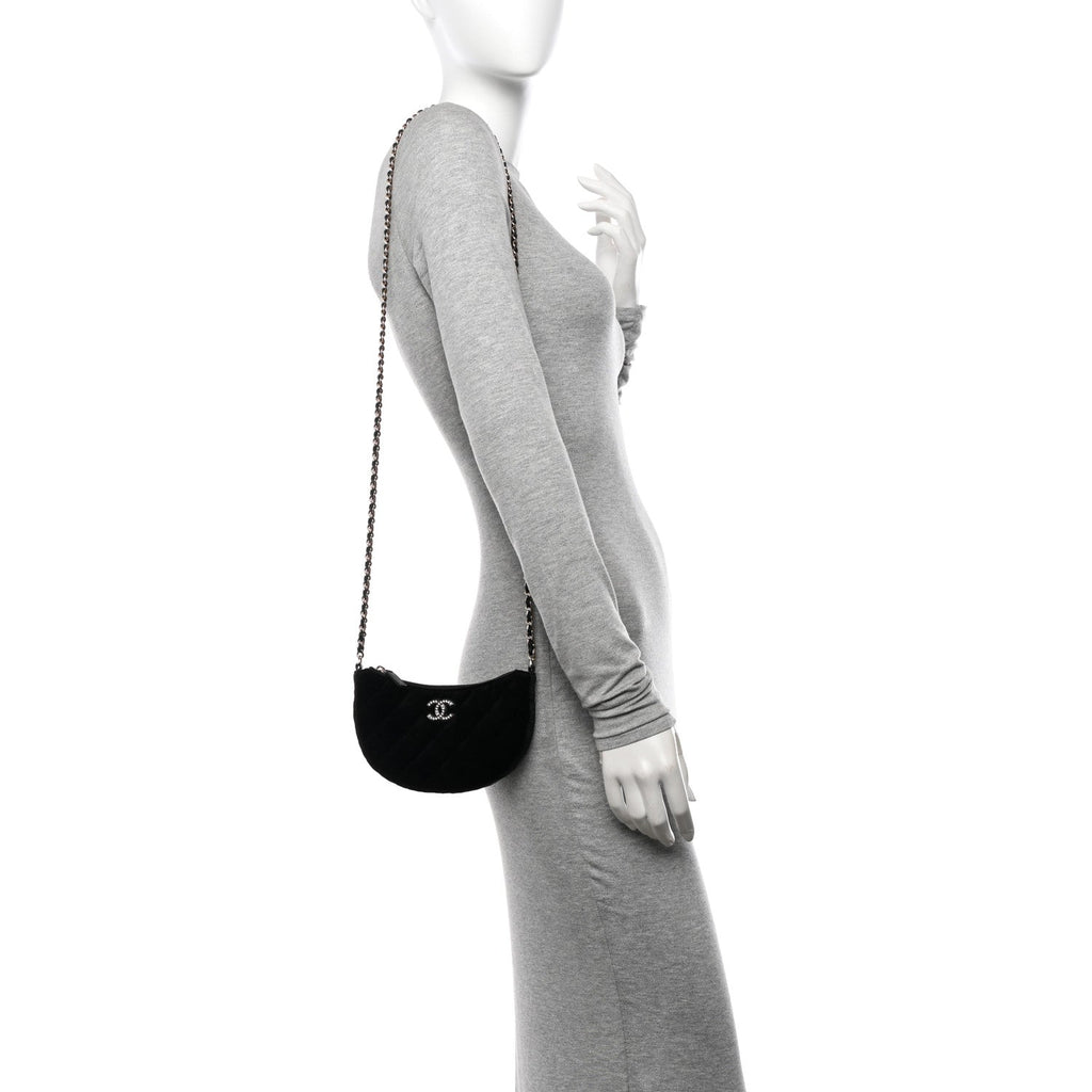 Velvet Crystal Quilted Chain Hobo Black