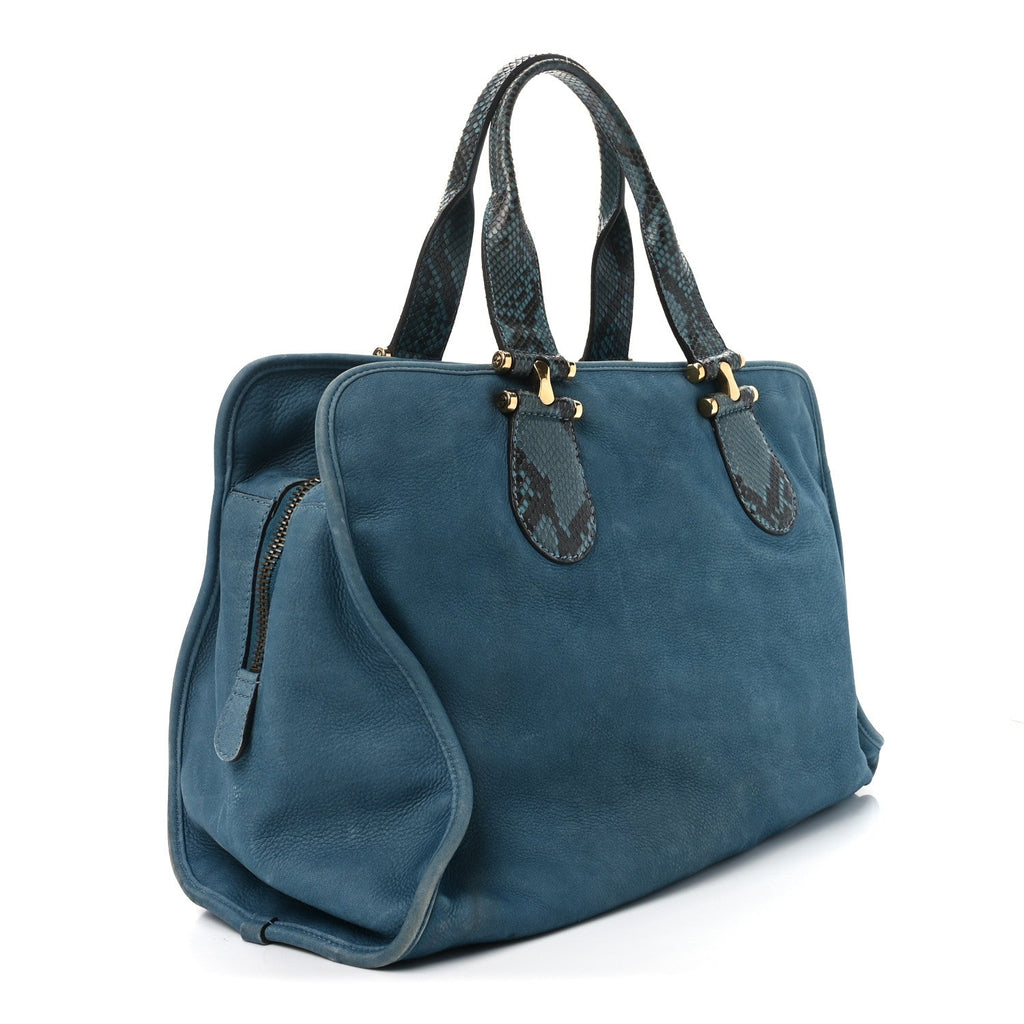 Nubuck Snakeskin Large Top Handle Bag Blue
