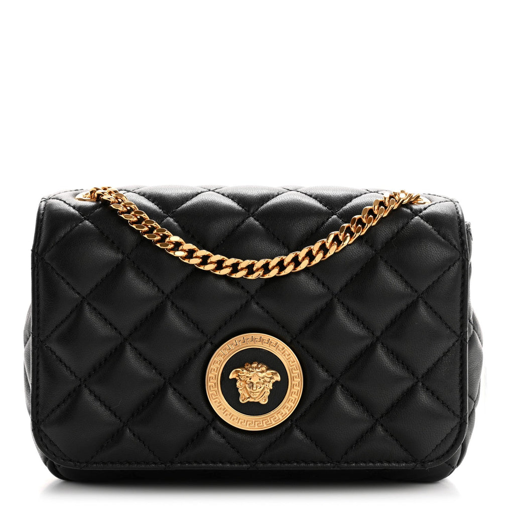 Nappa Quilted Small Medusa Chain Crossbody Black