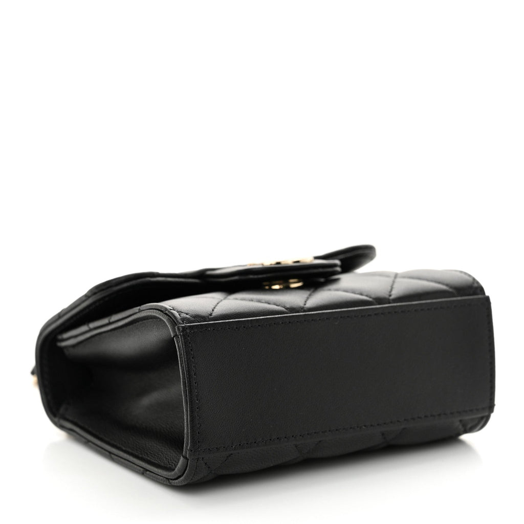 Lambskin Quilted Top Handle Flap Clutch With Chain  Black