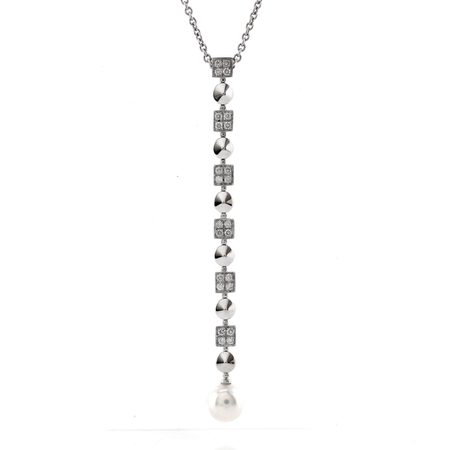 Lucia Drop Dangle Pendant Necklace 18K White Gold with Diamonds and Pearl