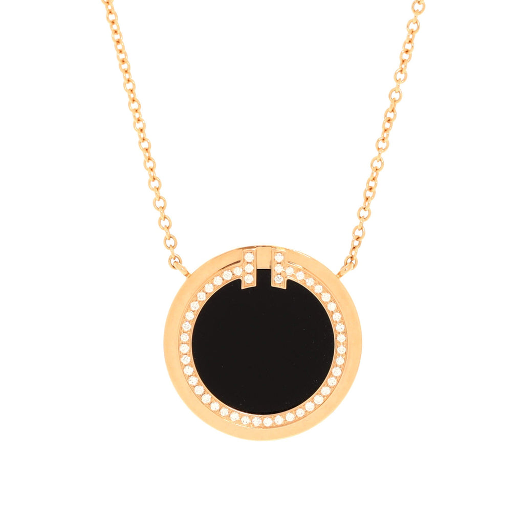 T Circle Pendant Necklace 18K Rose Gold with Onyx and Diamonds Large
