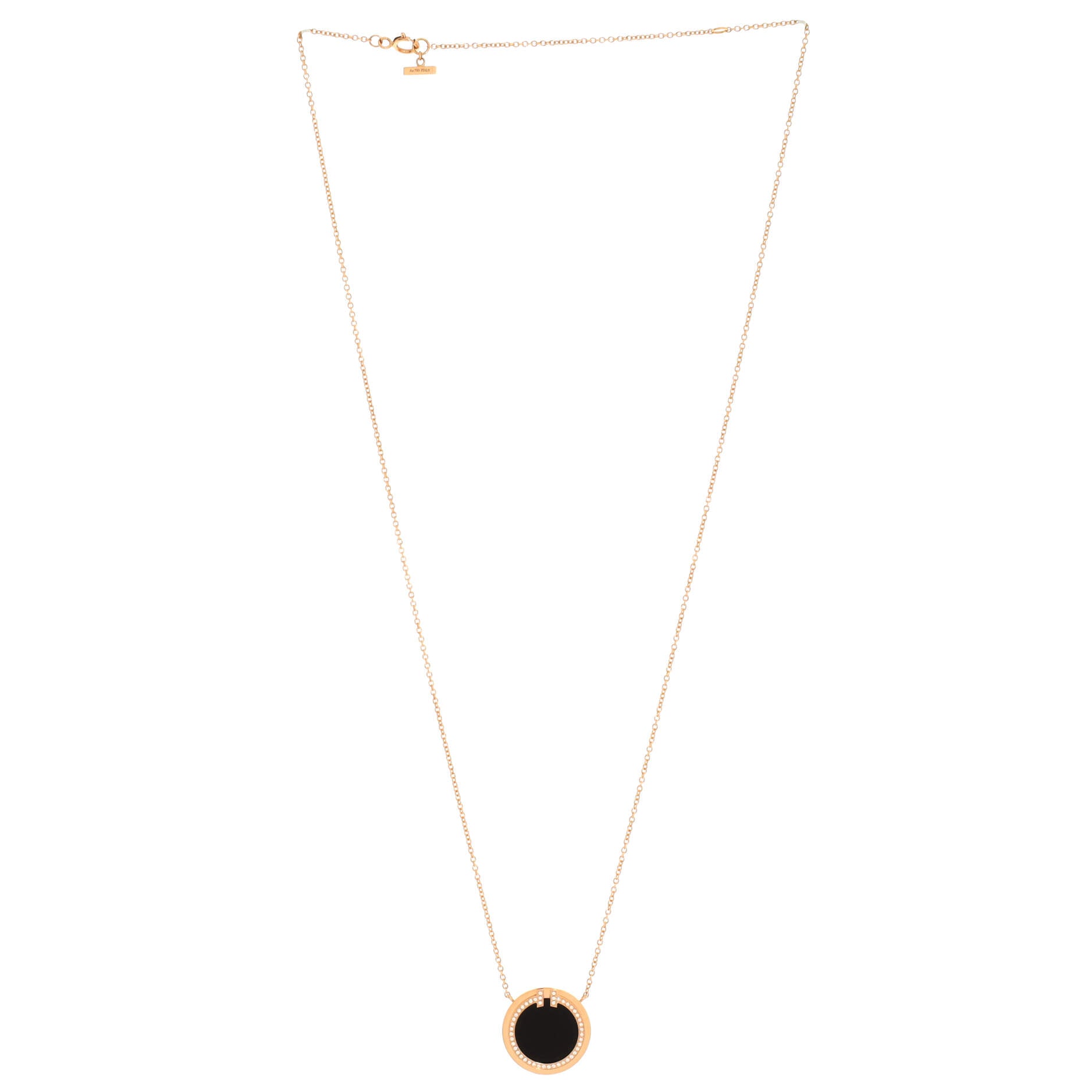 T Circle Pendant Necklace 18K Rose Gold with Onyx and Diamonds Large